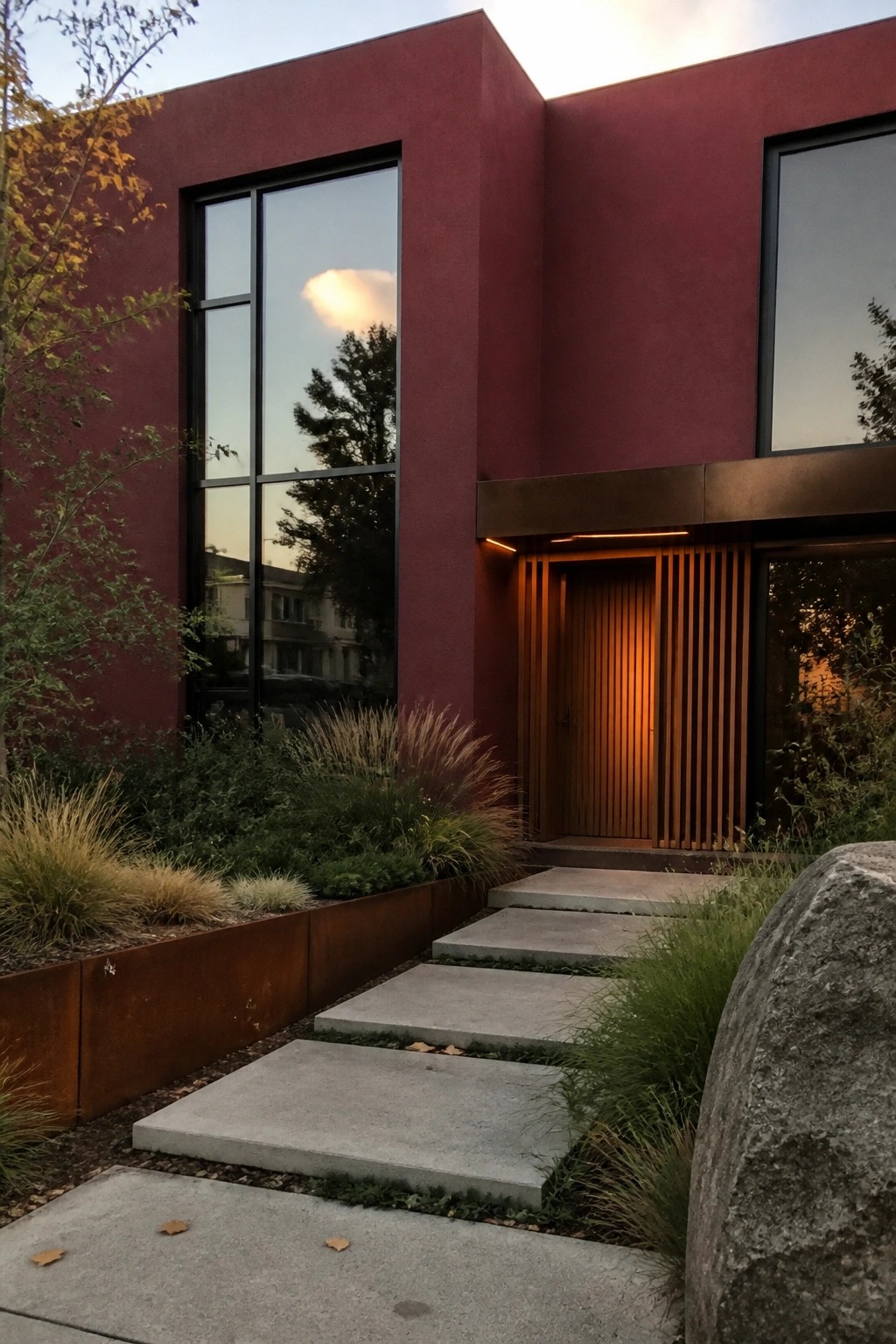 A burgundy house exterior with tall matte black windows, a vertical wood slat door, and concrete steps bordered by plants.