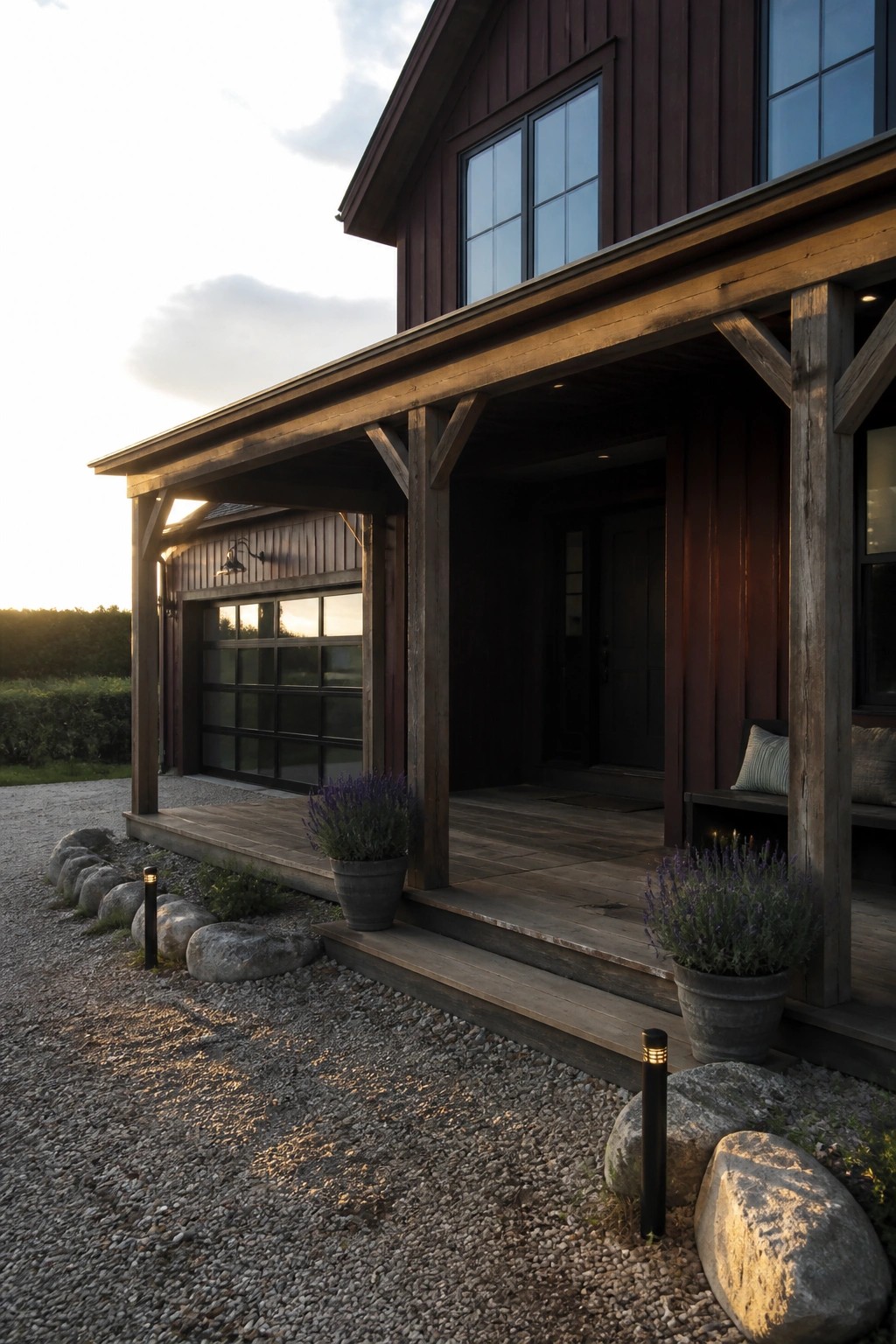 A burgundy house exterior with matte black windows, a covered wooden porch, and gravel landscaping with rocks and potted plants.