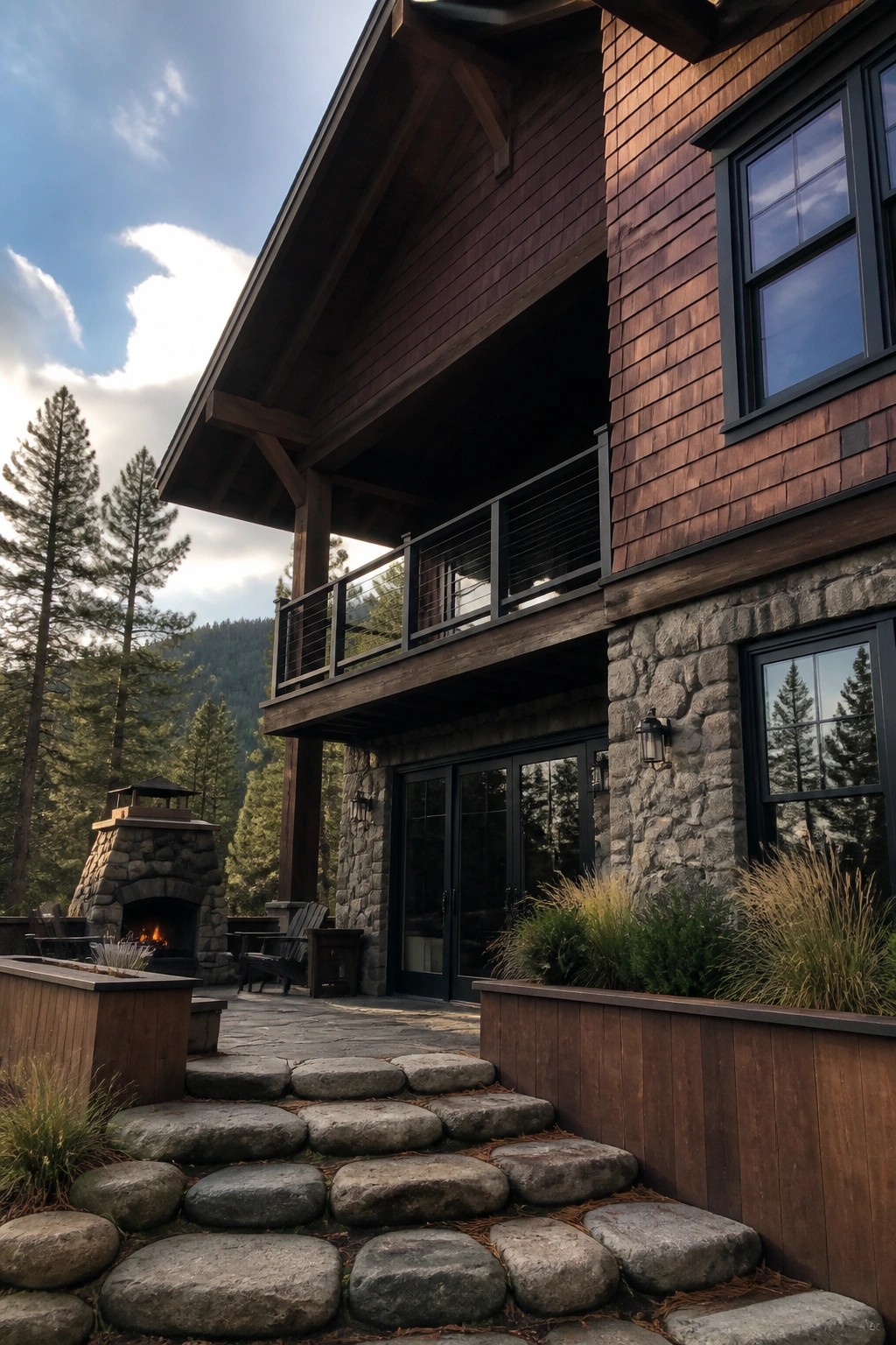 A two-story house with dark wood siding, stone accents, black-framed windows, and a second-floor balcony set against trees and mountains.