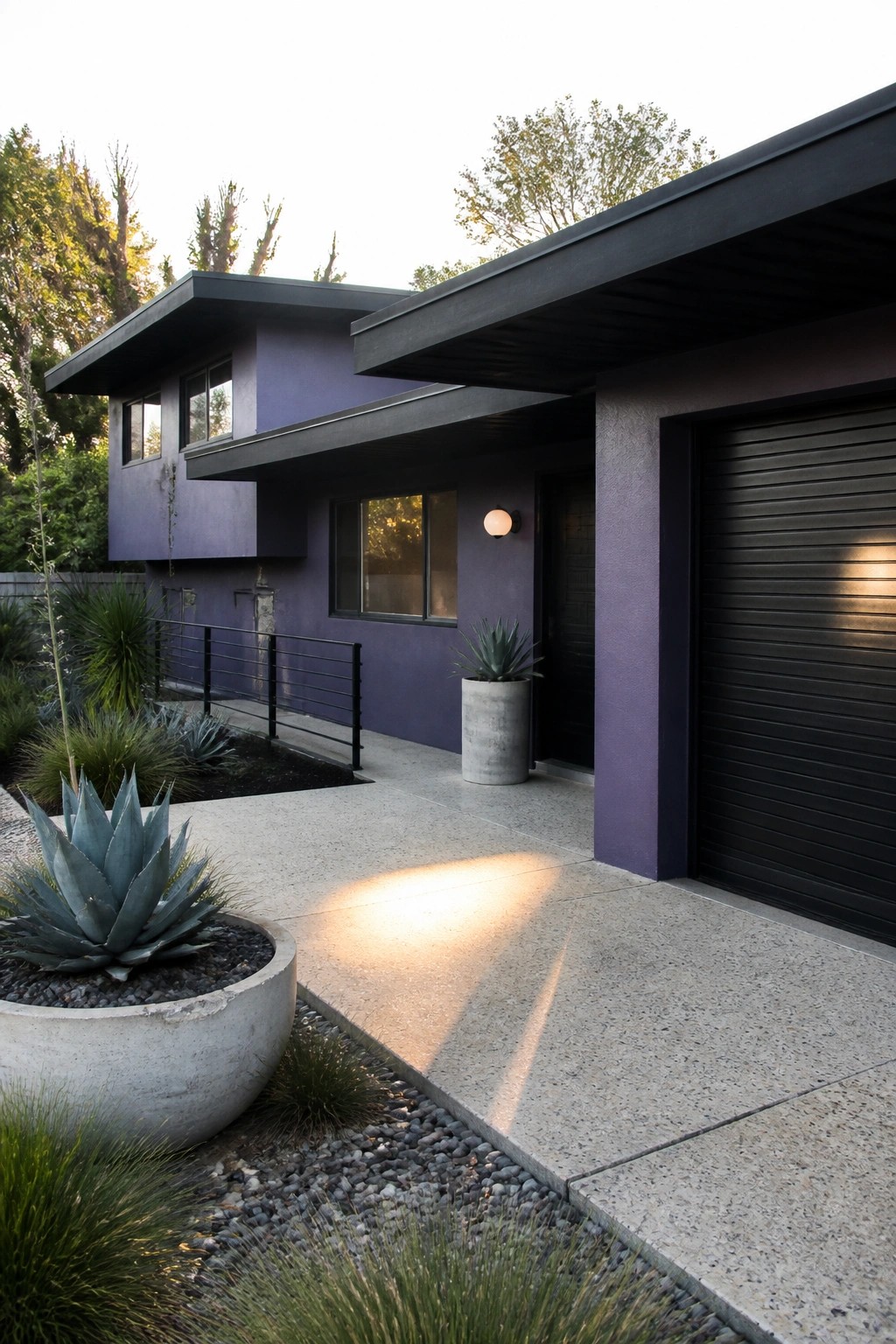 A modern two-story house with dark purple stucco walls, black trim, a black garage door, and a concrete walkway bordered by large planters with agave plants.
