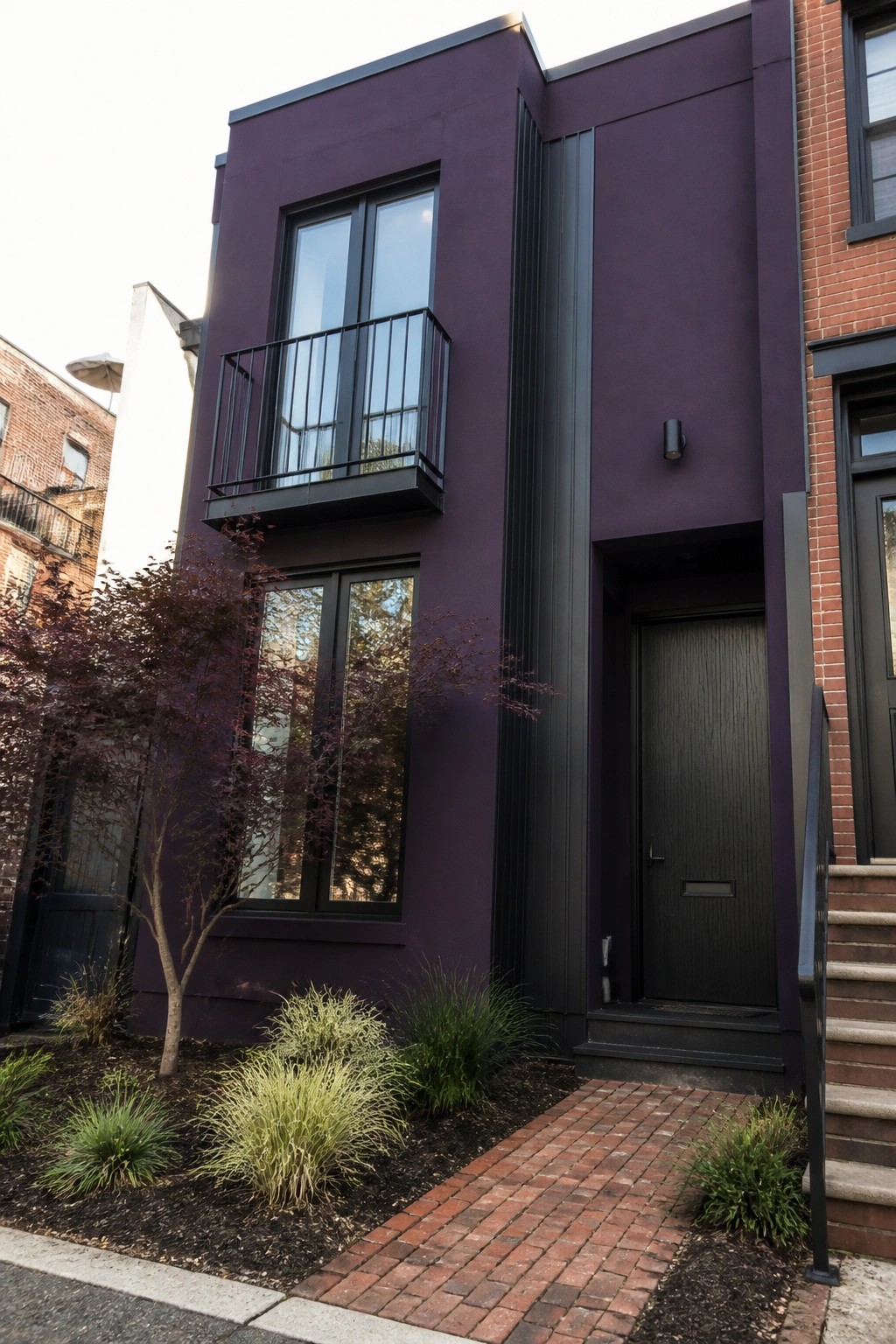 Modern purple townhouse with black balcony, windows, door, and brick walkway