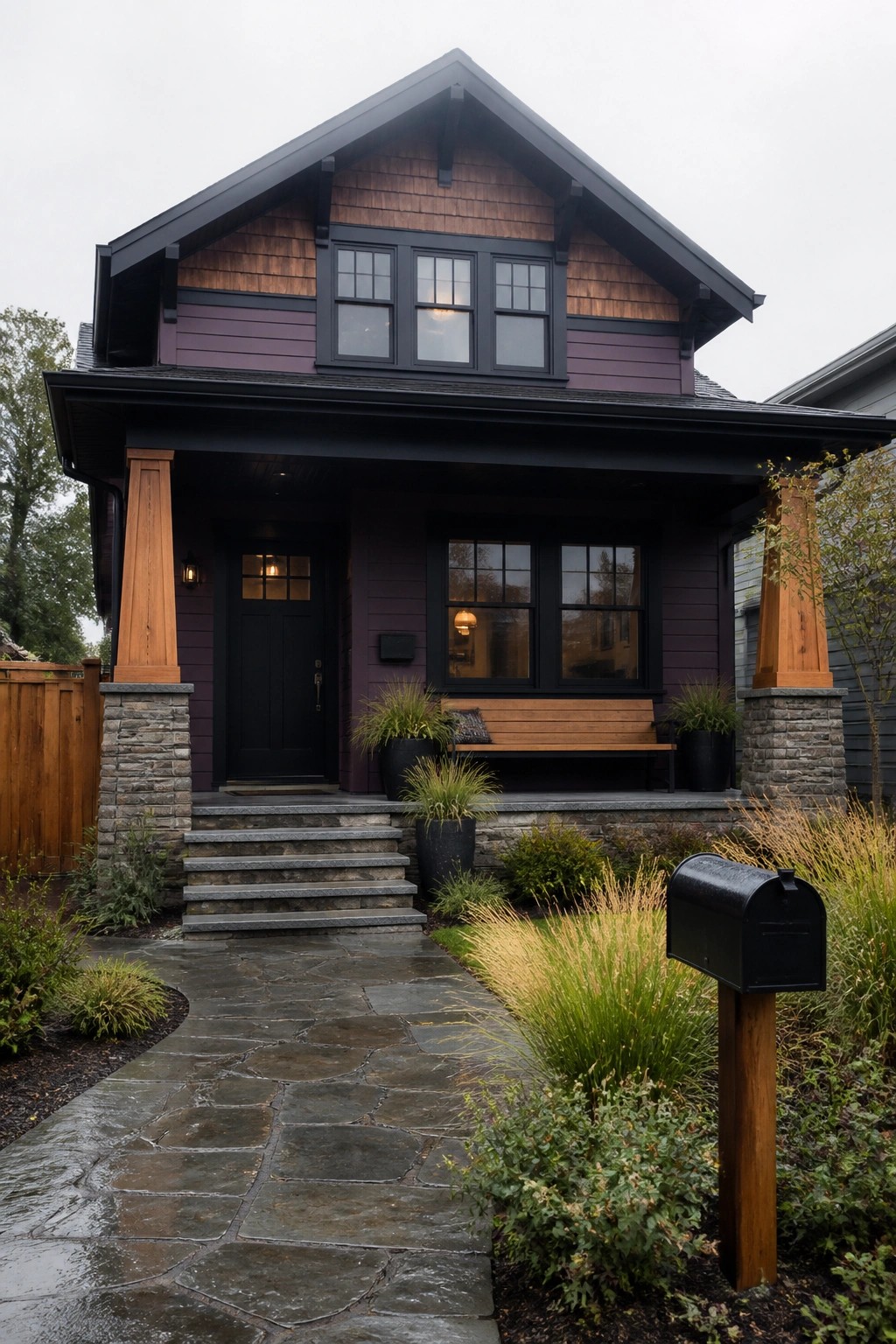 Purple Craftsman house with black trim, wooden porch bench, stone walkway and mailbox