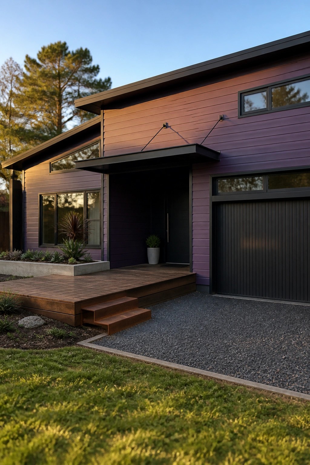 A modern house exterior featuring dark purple horizontal siding, black trim around windows and doors, a black garage door, and a wooden front deck with steps.