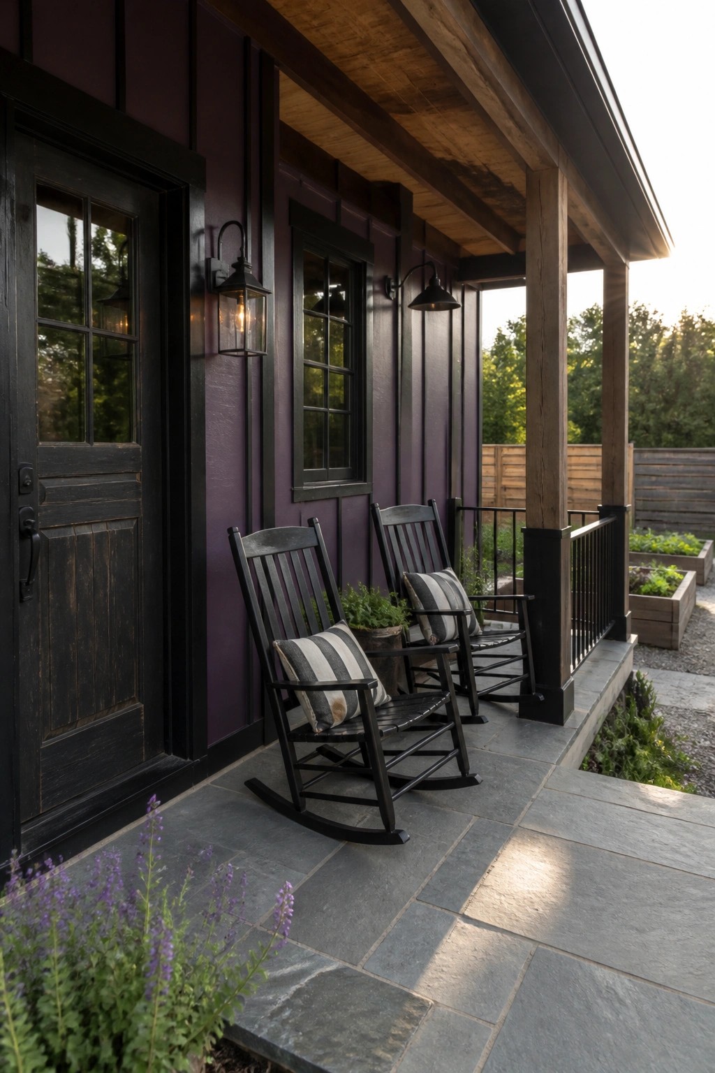 Two black rocking chairs with striped pillows on a purple house porch.