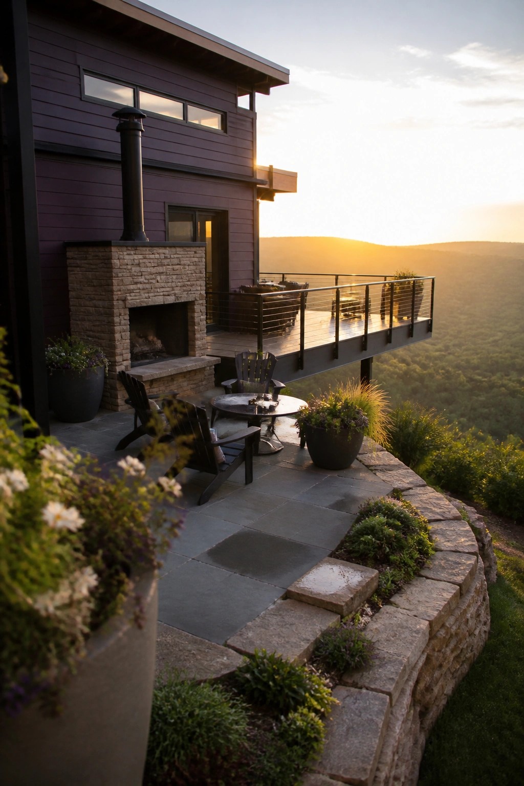 Modern purple home with stone fireplace, patio chairs, and deck at sunset over hills
