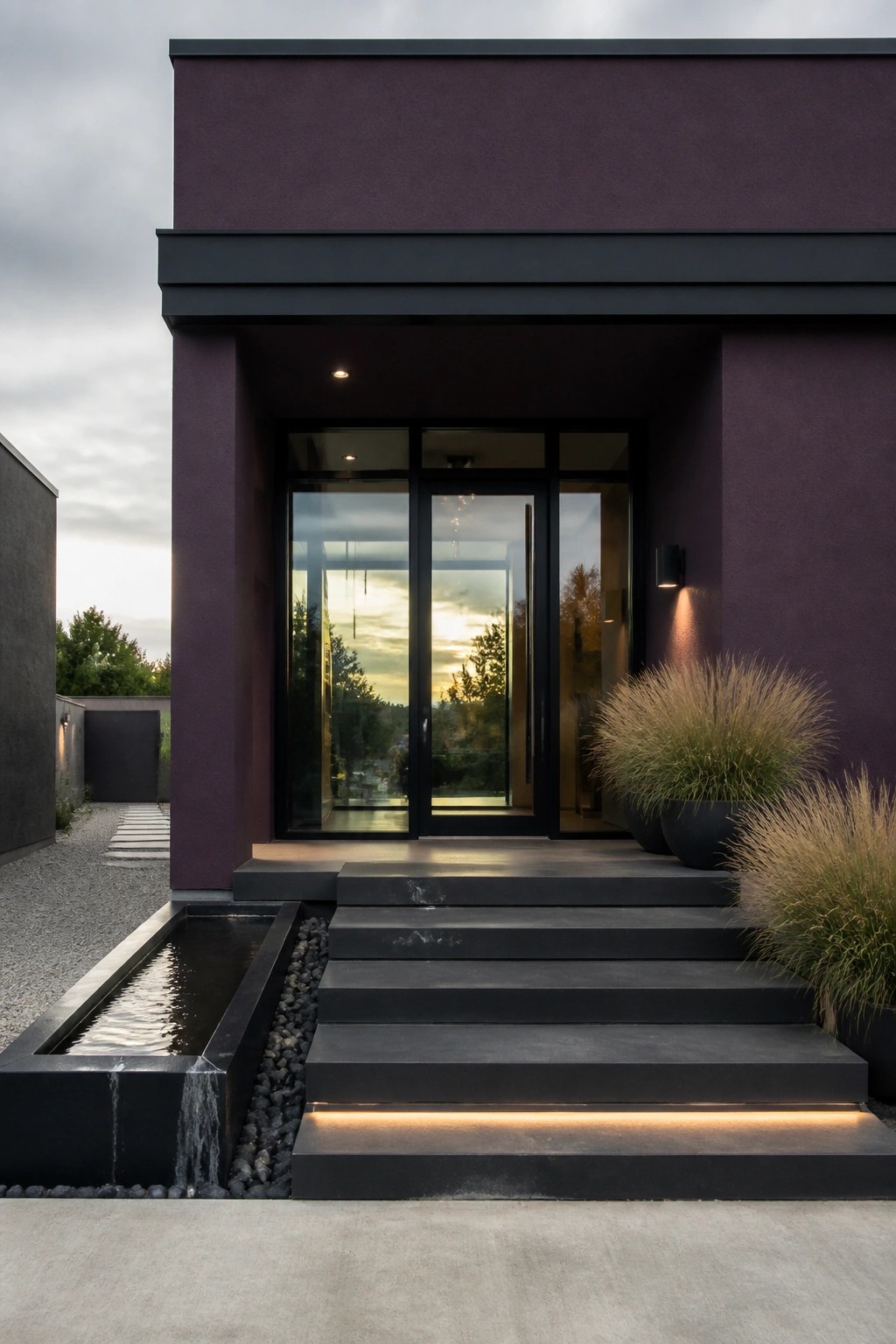 A modern house with dark purple walls, black trim around large glass doors, black steps with lighting, and potted grasses near the entrance.