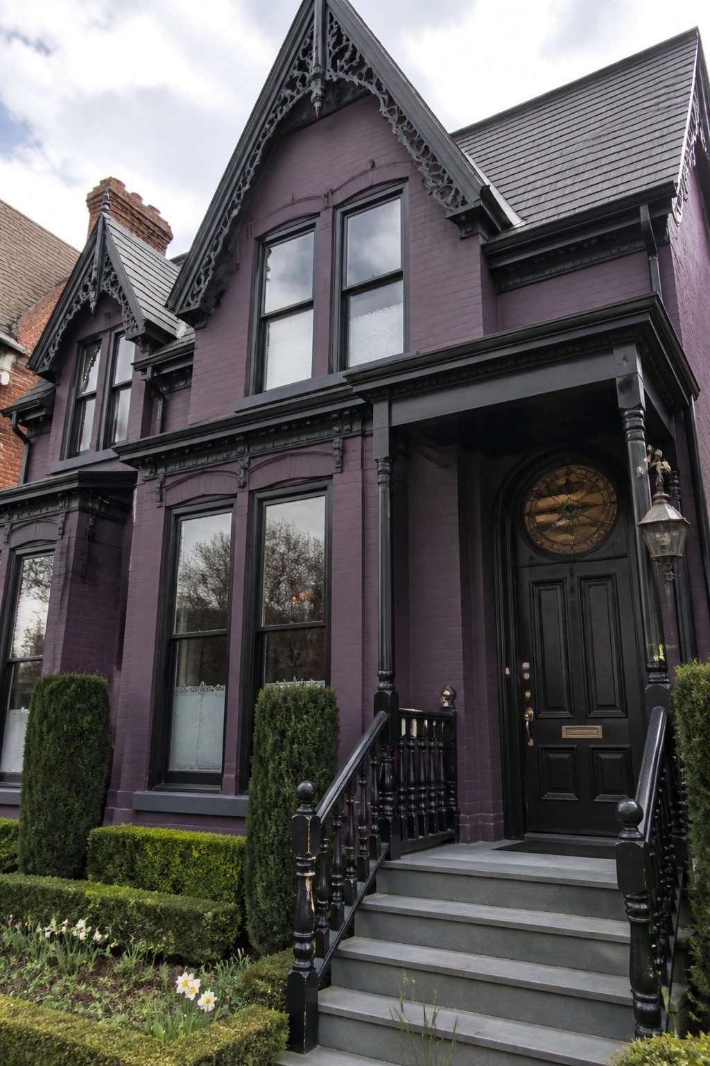 A dark purple brick house with black trim, black front door, and gray steps leading to the porch.