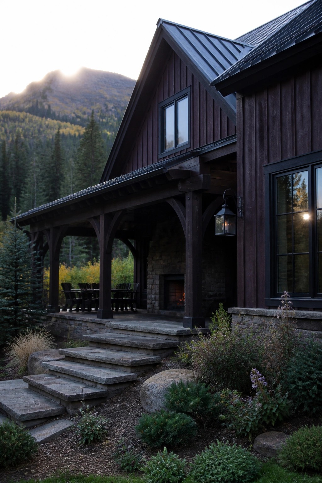 Dark wooden cabin with stone porch, fireplace, steps, and mountain forest at dusk