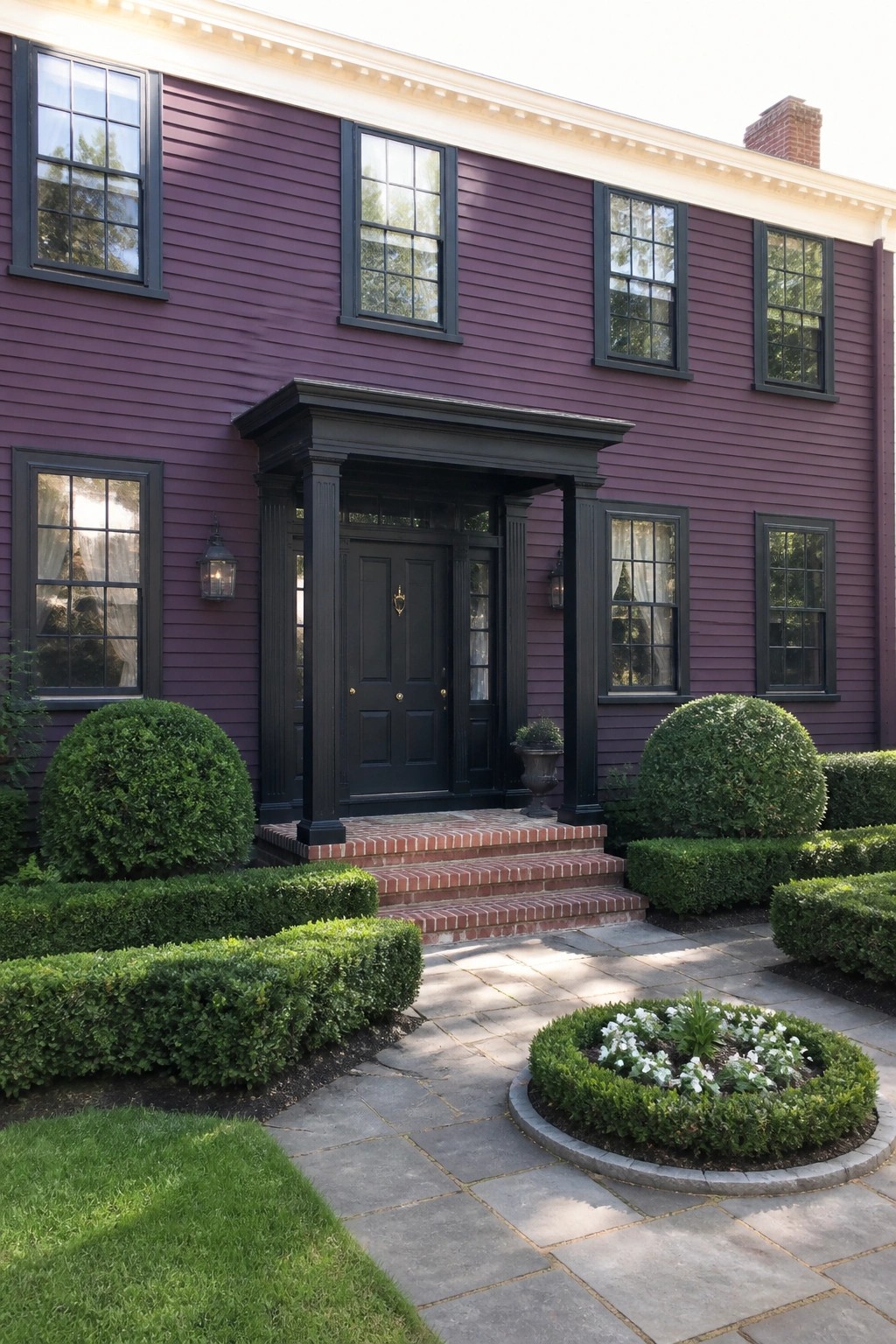 A two-story house with dark purple siding, black trim, black entry portico, and brick steps, viewed from a stone walkway with shrubs in the foreground.