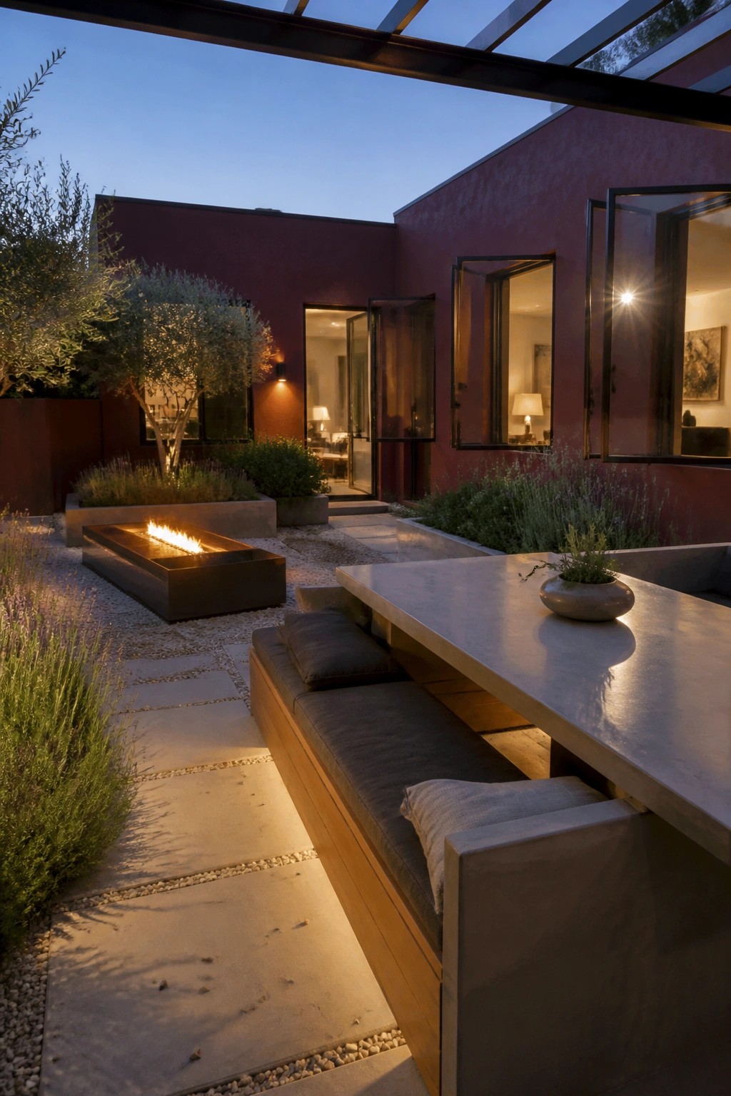 A maroon house with black window frames surrounds a gravel courtyard patio featuring a long built-in bench with cushions, a concrete table, a rectangular fire pit, and surrounding plants at dusk.