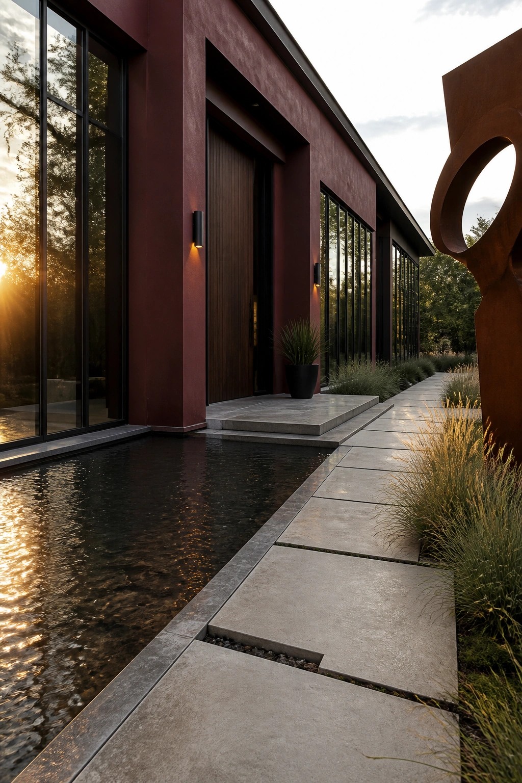 Modern house with maroon stucco walls, black window frames, a wooden door, and a concrete walkway beside a water feature at sunset.