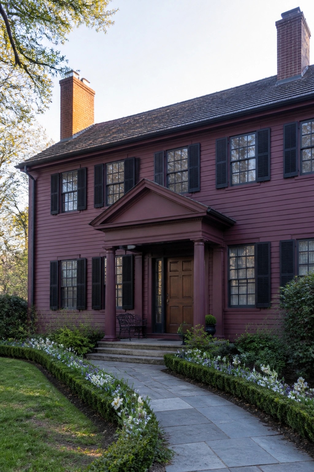 A two-story maroon house with black shutters, a centered portico with columns, and a stone walkway lined with flower beds.
