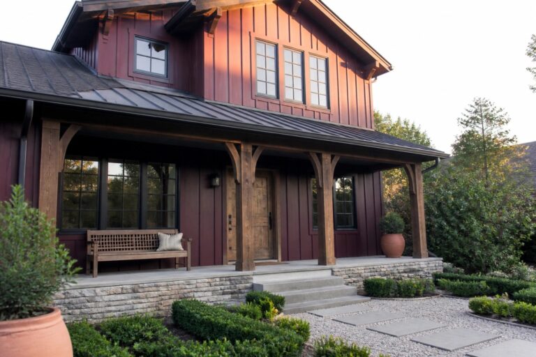 19 Bold Maroon House Exteriors Featuring Black Window Frames Red wooden Craftsman house with stone porch pillars, steps, and terracotta planters.