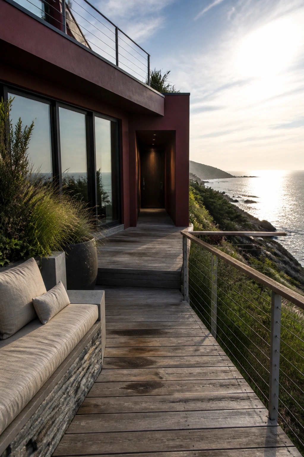 A modern maroon house exterior with black-framed windows, a wooden deck walkway, and an outdoor bench overlooking the ocean.