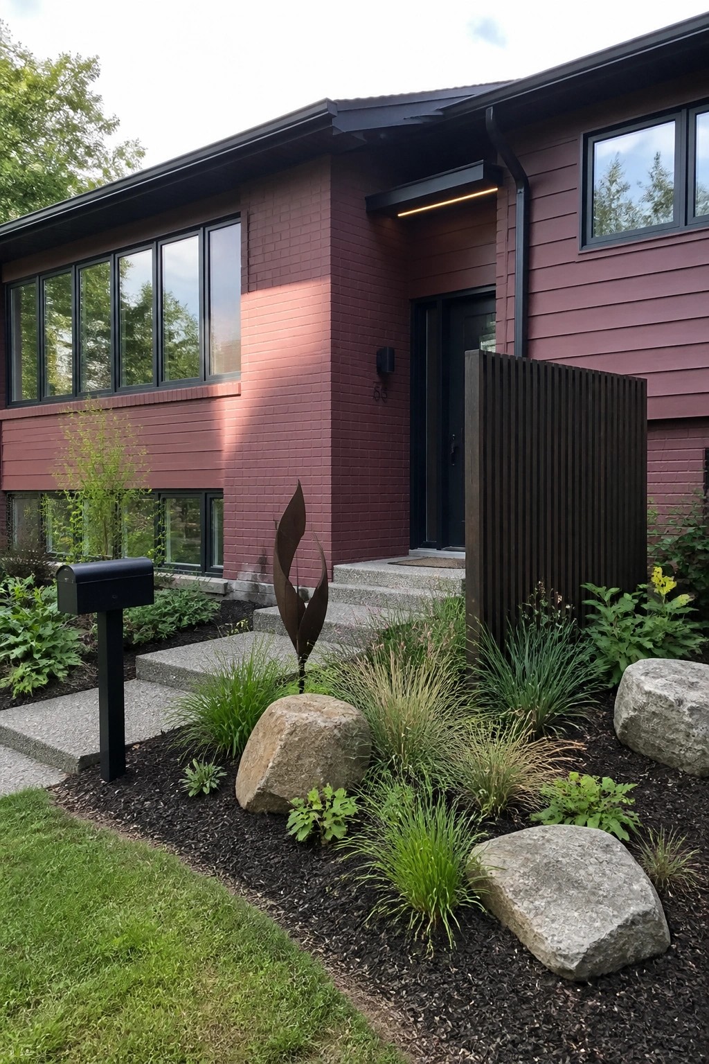 Modern red brick house with landscaped garden, rocks, plants, and mailbox.