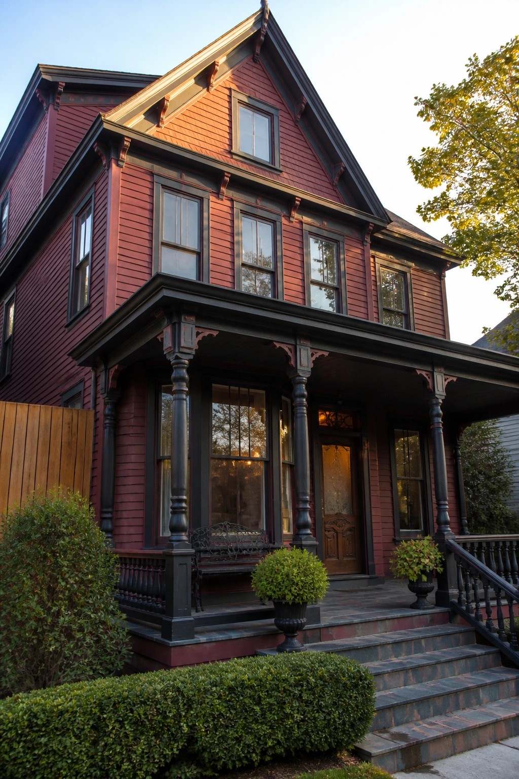 A two-story maroon house with black window frames, black porch columns, and a covered front porch with steps.