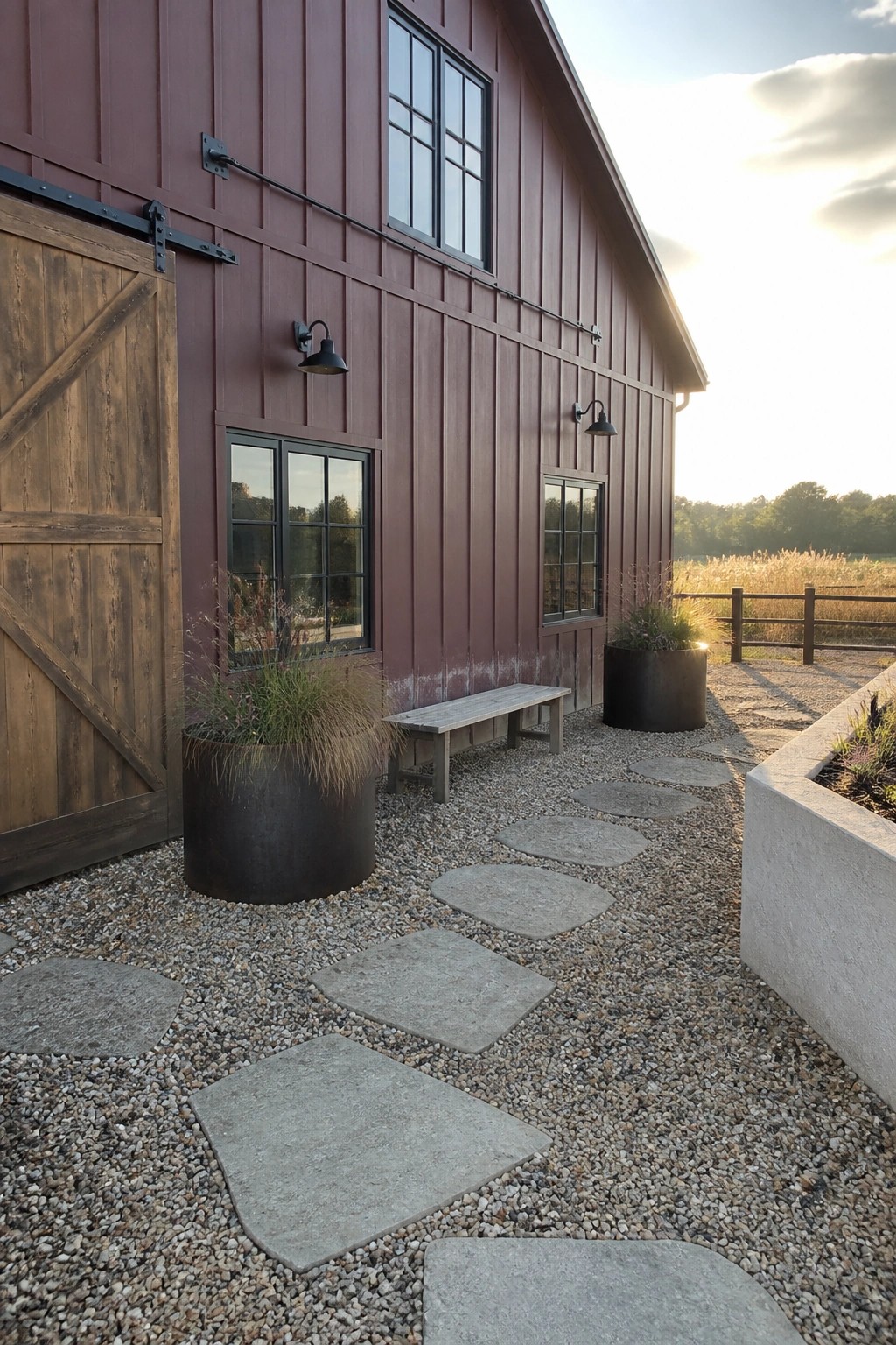 Maroon barn with wooden sliding door, gravel path, stone pavers, and large planters