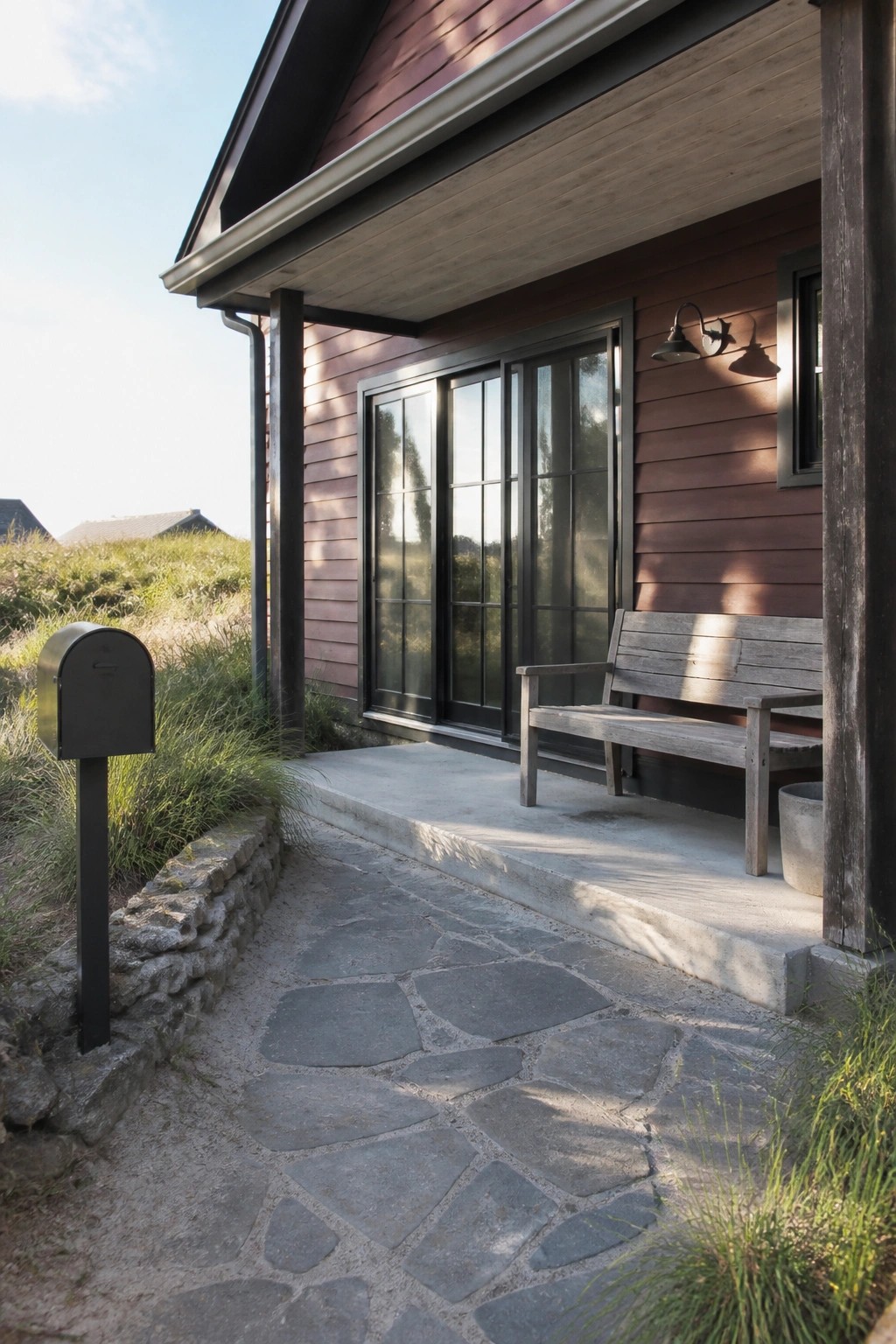 A maroon house exterior with black-framed sliding doors, a wooden bench on the porch, and a stone pathway next to a black mailbox.