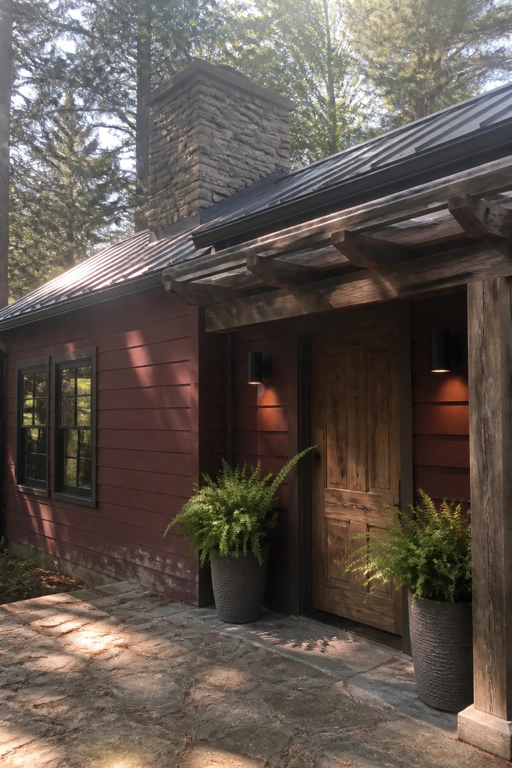 Red wooden cabin with stone chimney, wooden door, and potted ferns on patio.