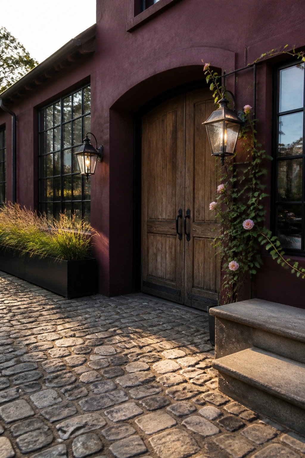 A maroon stucco house exterior with black-framed windows, wooden double doors under an arch, wall-mounted lanterns, and a cobblestone path.