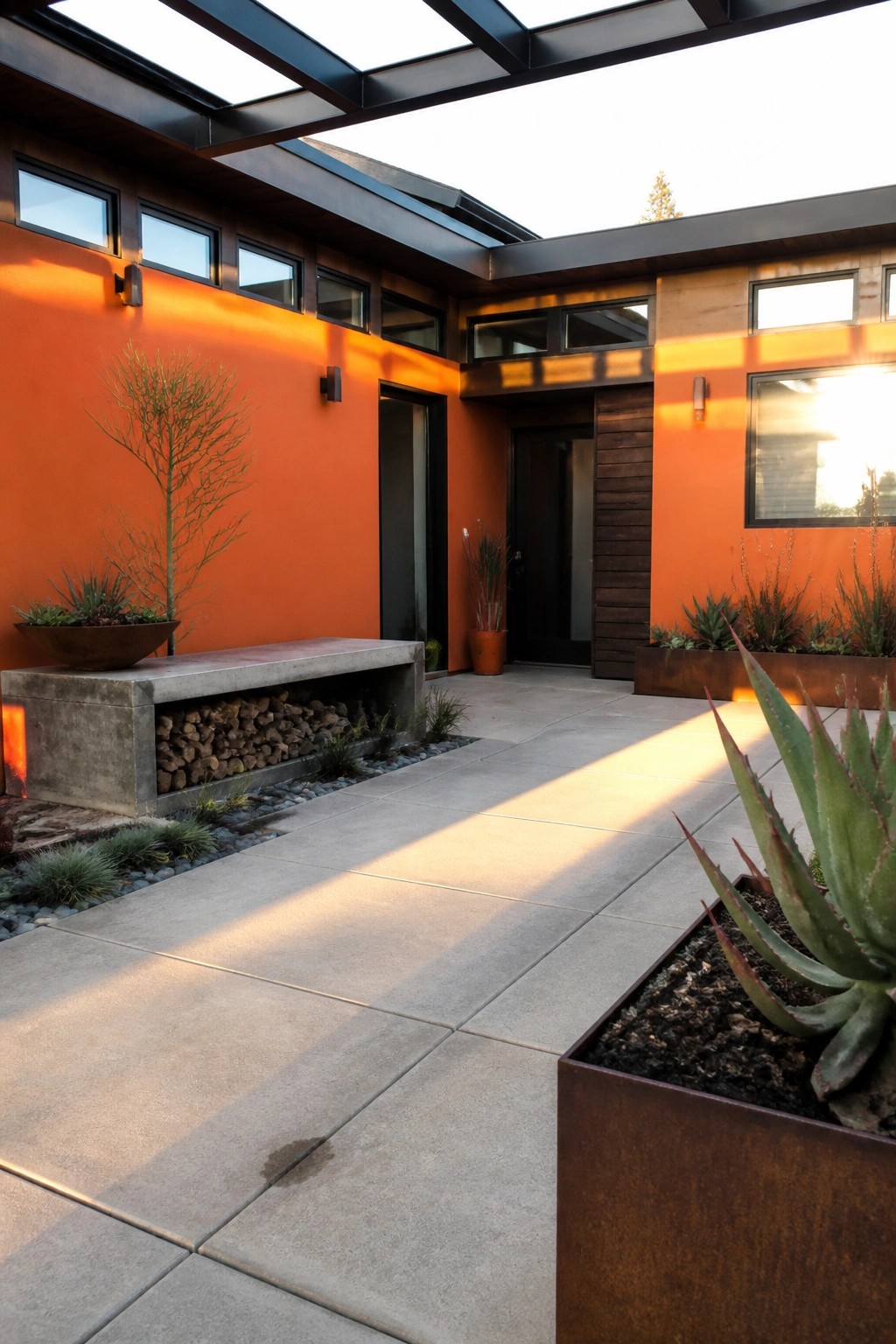Modern courtyard with bright orange exterior walls, matte black window frames, concrete bench, and metal planters with succulents.