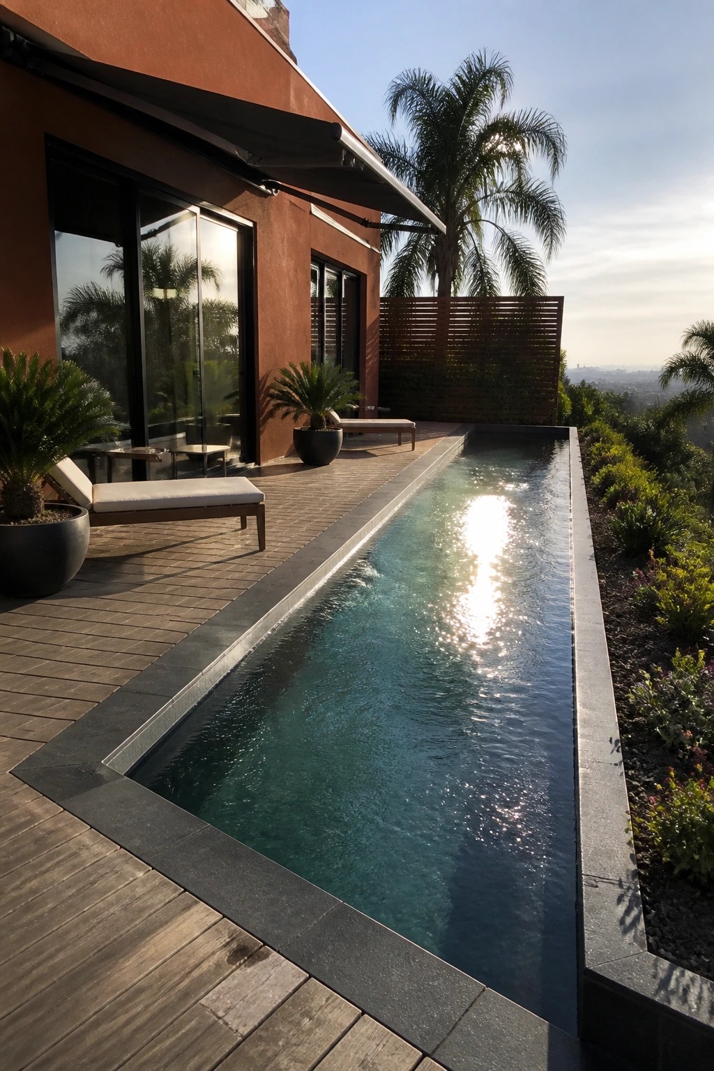 Modern house with long pool on wooden deck amid palm trees and city view