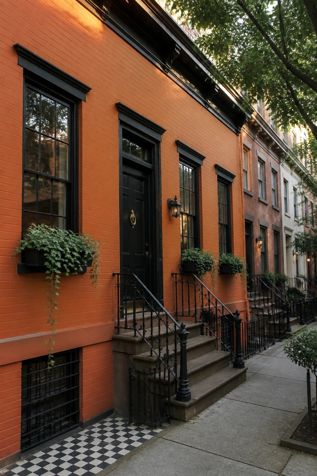 Orange brick rowhouse with black door, windows, plant boxes, and stone steps.
