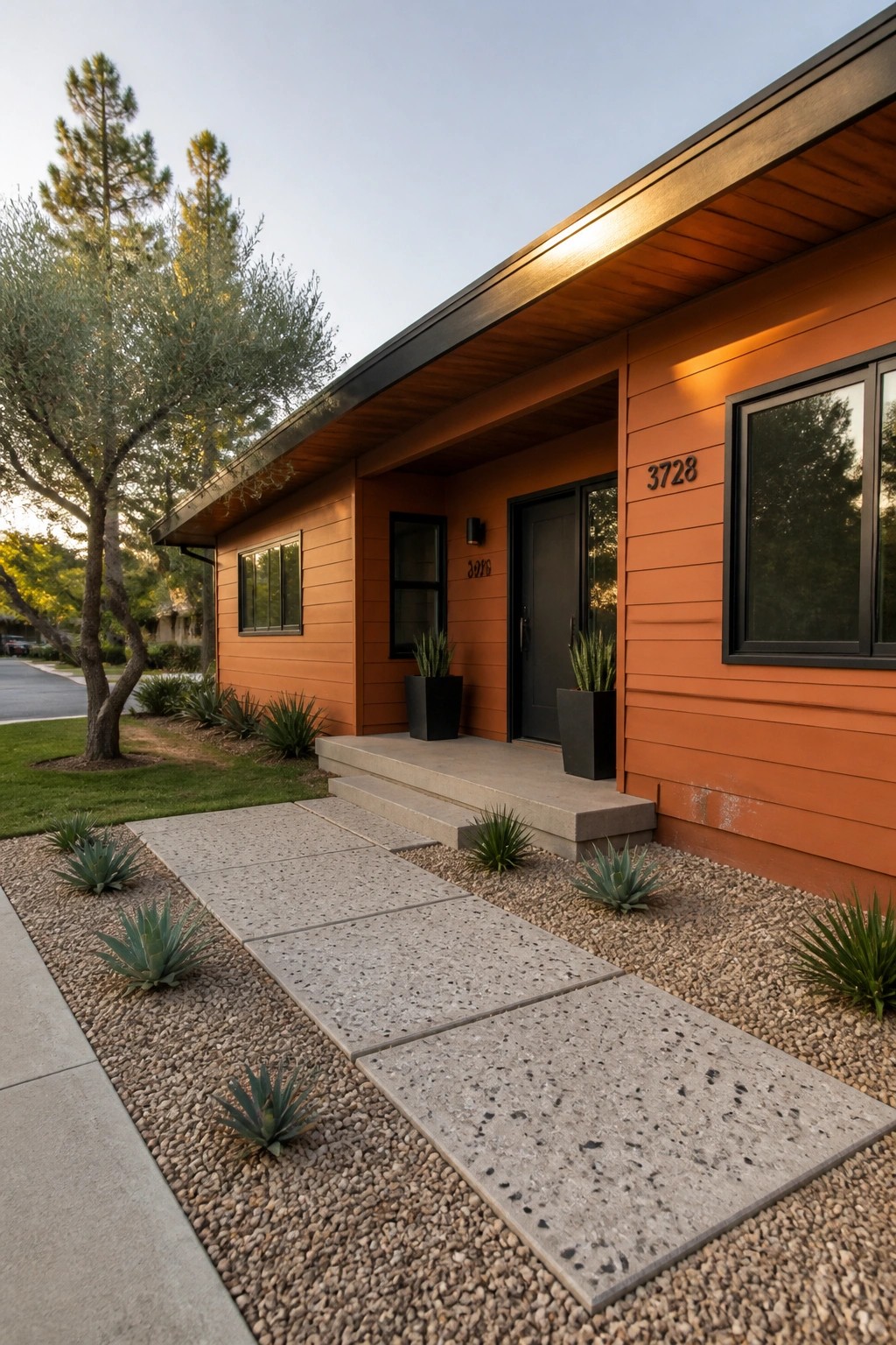 Orange wood-sided house with matte black door and window frames, concrete steps, and gravel landscaping with agave plants.