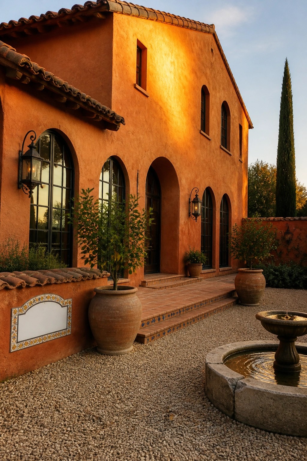 Orange stucco villa with arched windows, potted plants, and stone fountain in gravel courtyard at sunset
