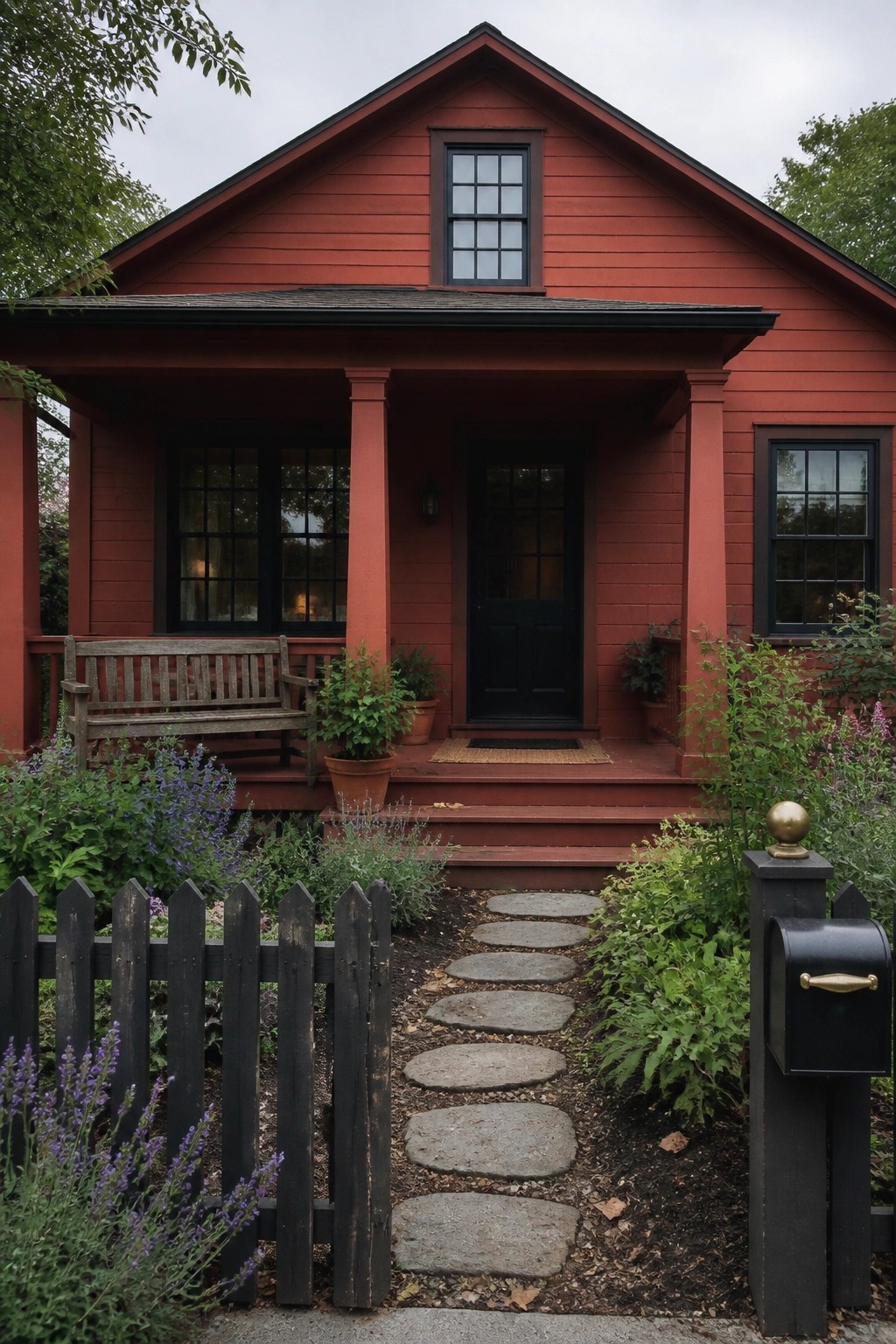 Red house with black door, porch, bench, stone path through lush garden