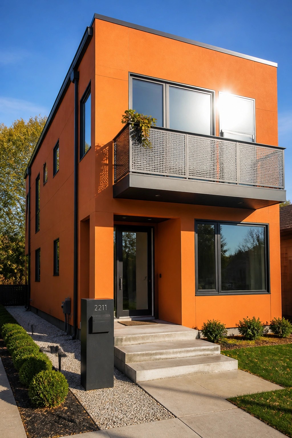 Modern orange two-story house with metal balcony, black windows, and concrete steps.