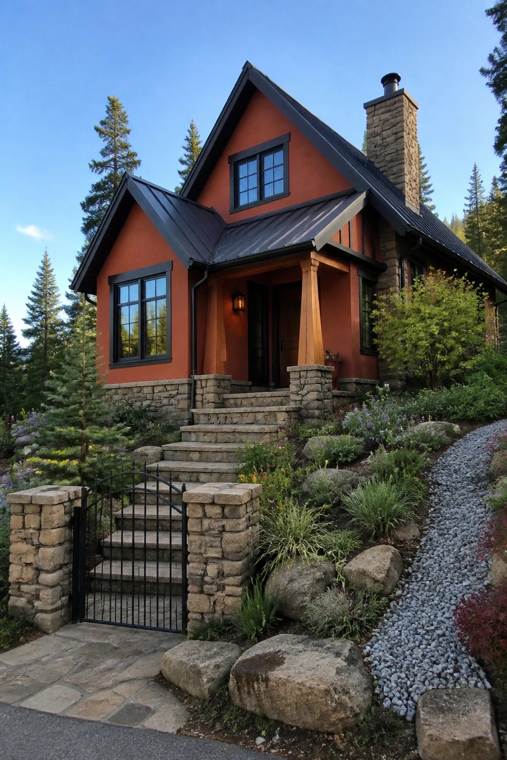 Rustic orange house with black metal roof, stone chimney, and garden path.
