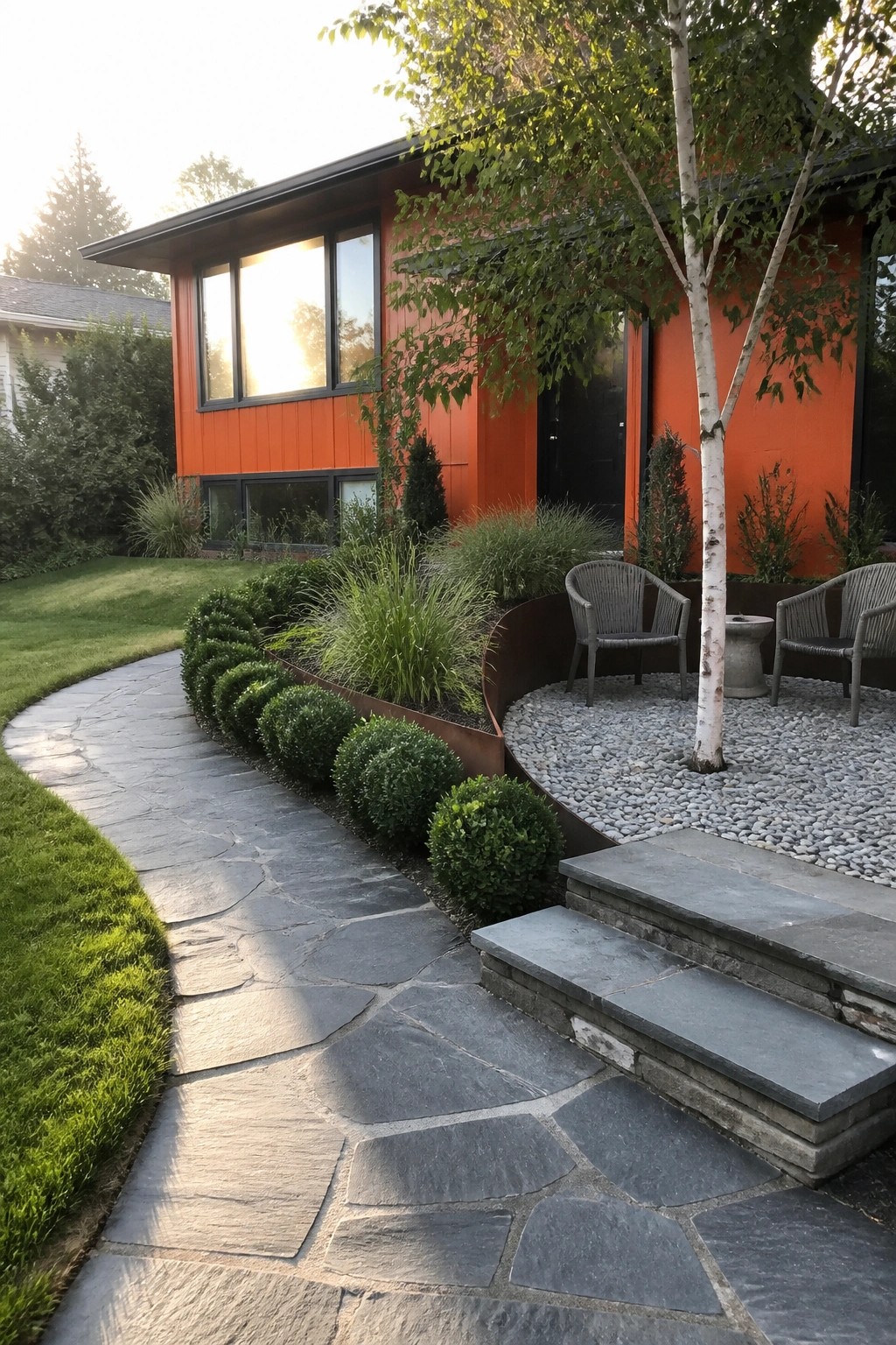 Modern orange house with flagstone path, gravel patio, chairs and lush landscaping.
