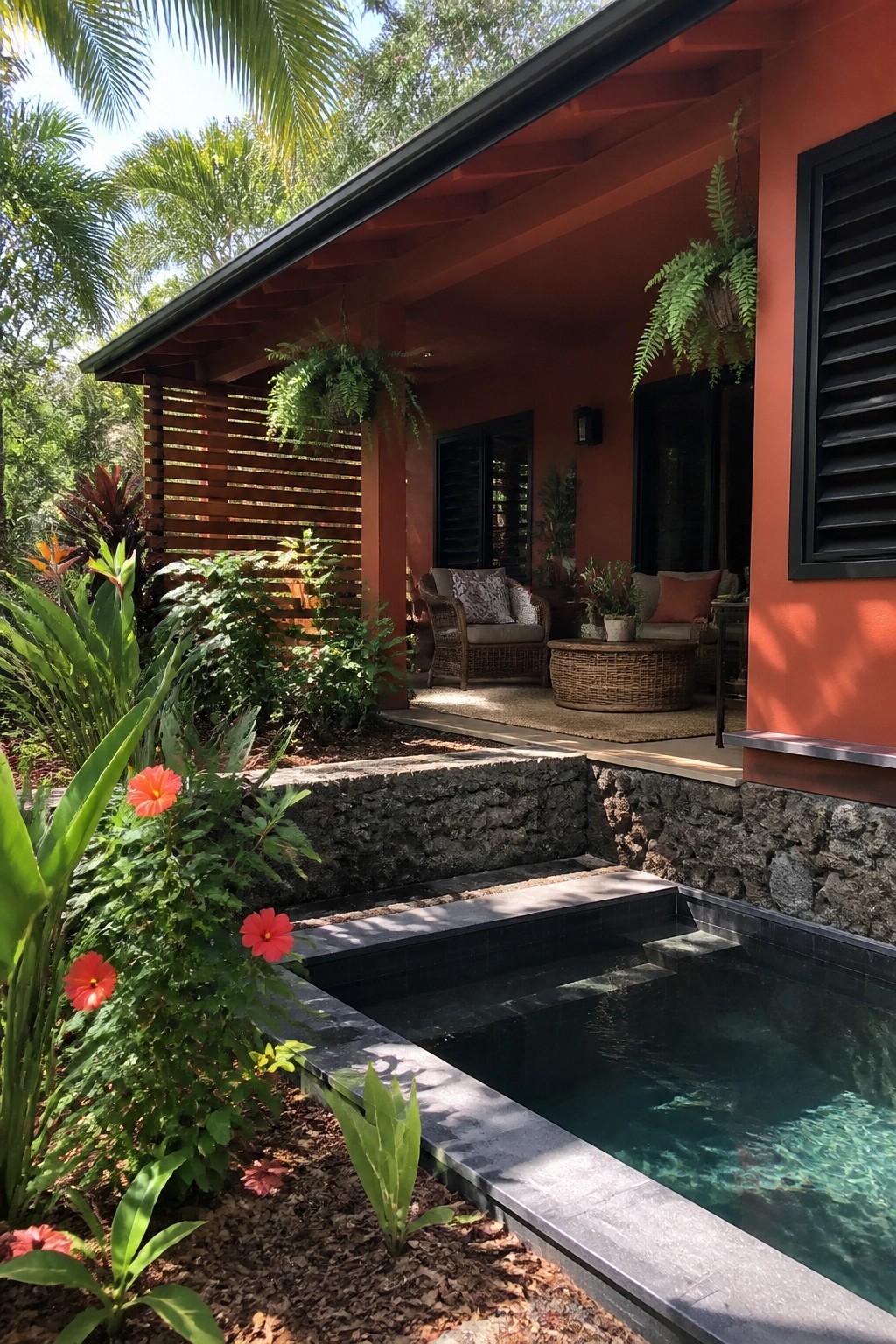 Orange house porch with wicker chairs beside small plunge pool in garden