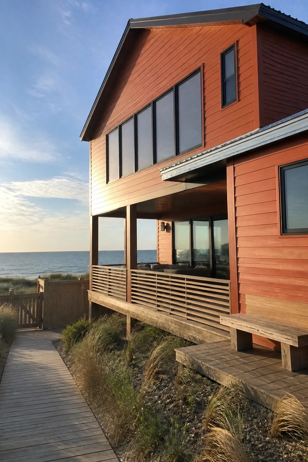 Modern red wooden beach house with deck and large windows overlooking the ocean