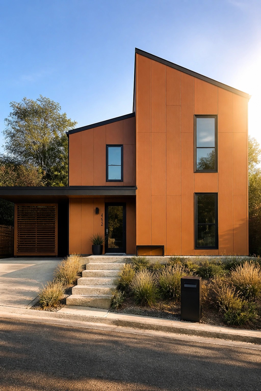 Modern orange house with black windows, concrete steps, and landscaped front yard.