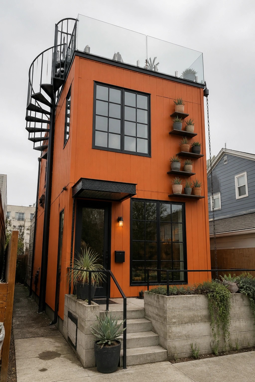 A narrow two-story house with bright orange siding, large black-framed windows, a black front door under a small awning, and a black spiral staircase on the left side.