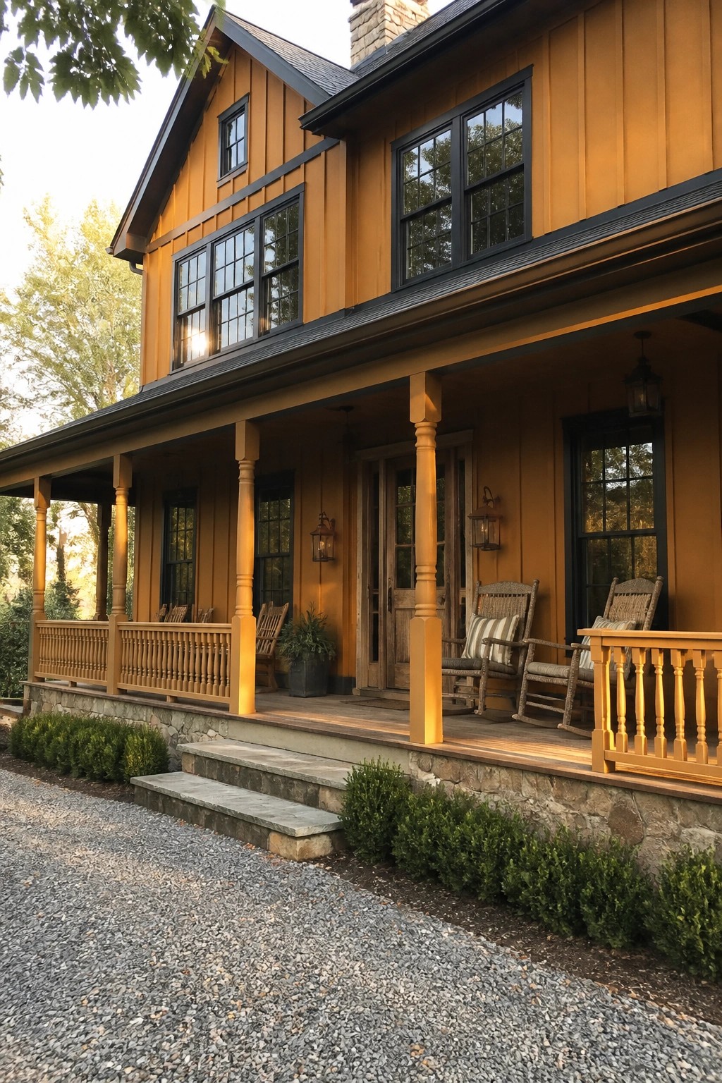 A two-story house with bright orange siding, black multi-pane windows, a covered porch with rocking chairs, and a stone foundation.