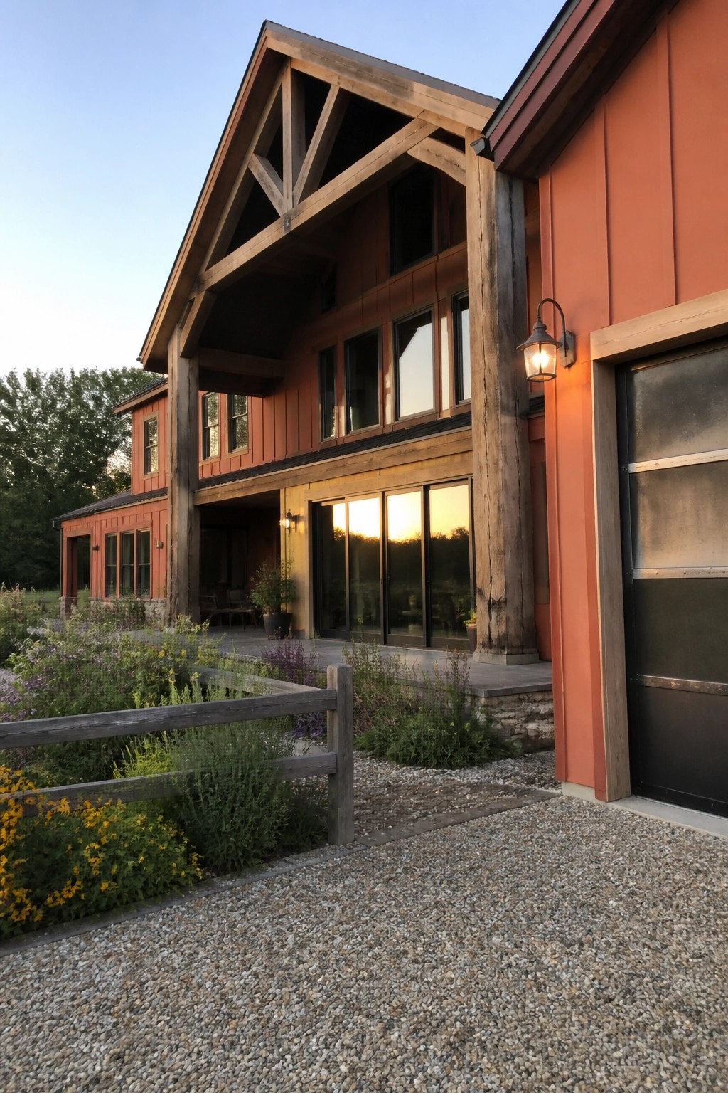 A two-story house with orange siding, large exposed wooden beams, multiple windows, and a gravel driveway in the foreground.