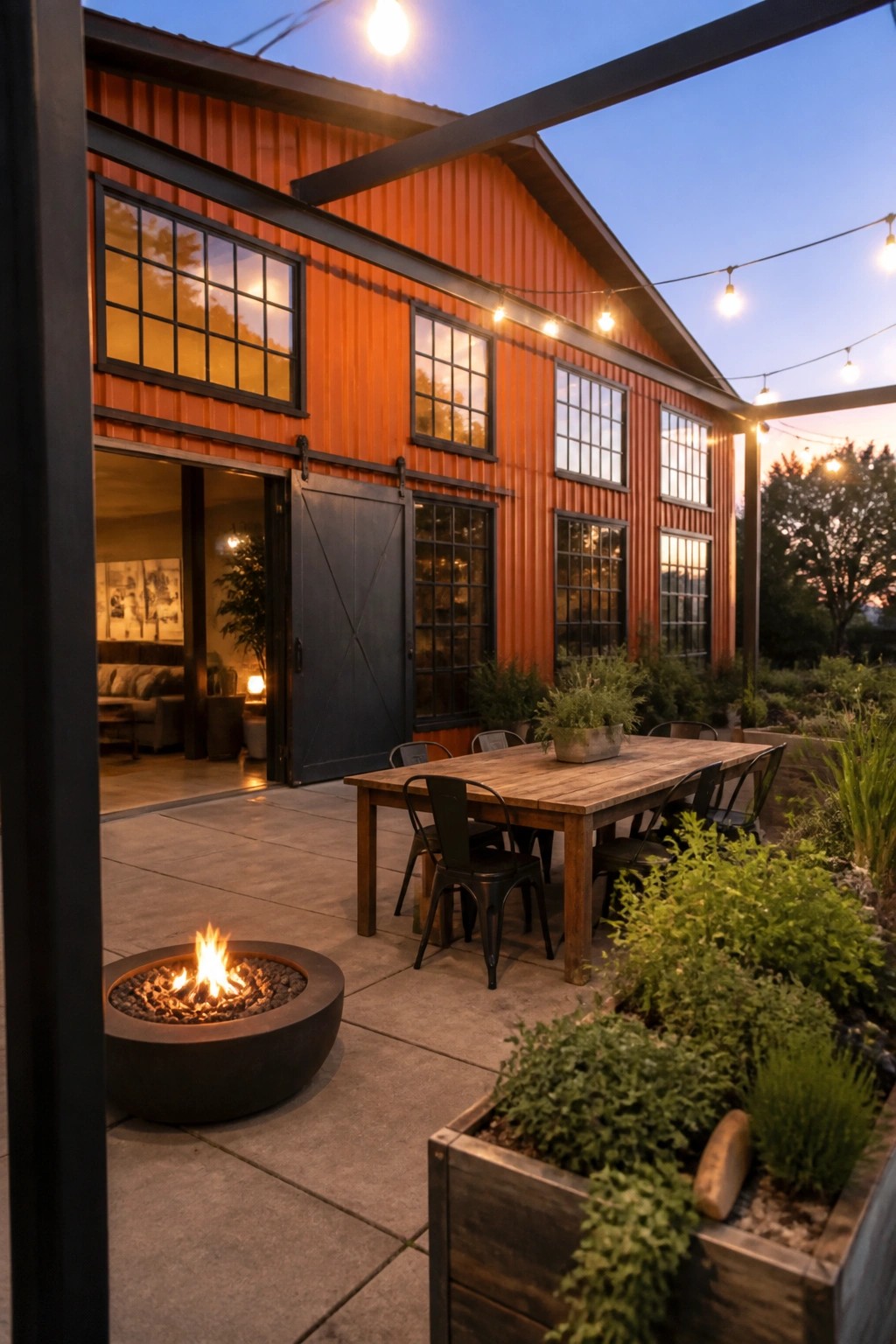 A bright orange metal-sided house with matte black window frames and doors, shown with a concrete patio, wooden dining table, round fire pit, and string lights at dusk.