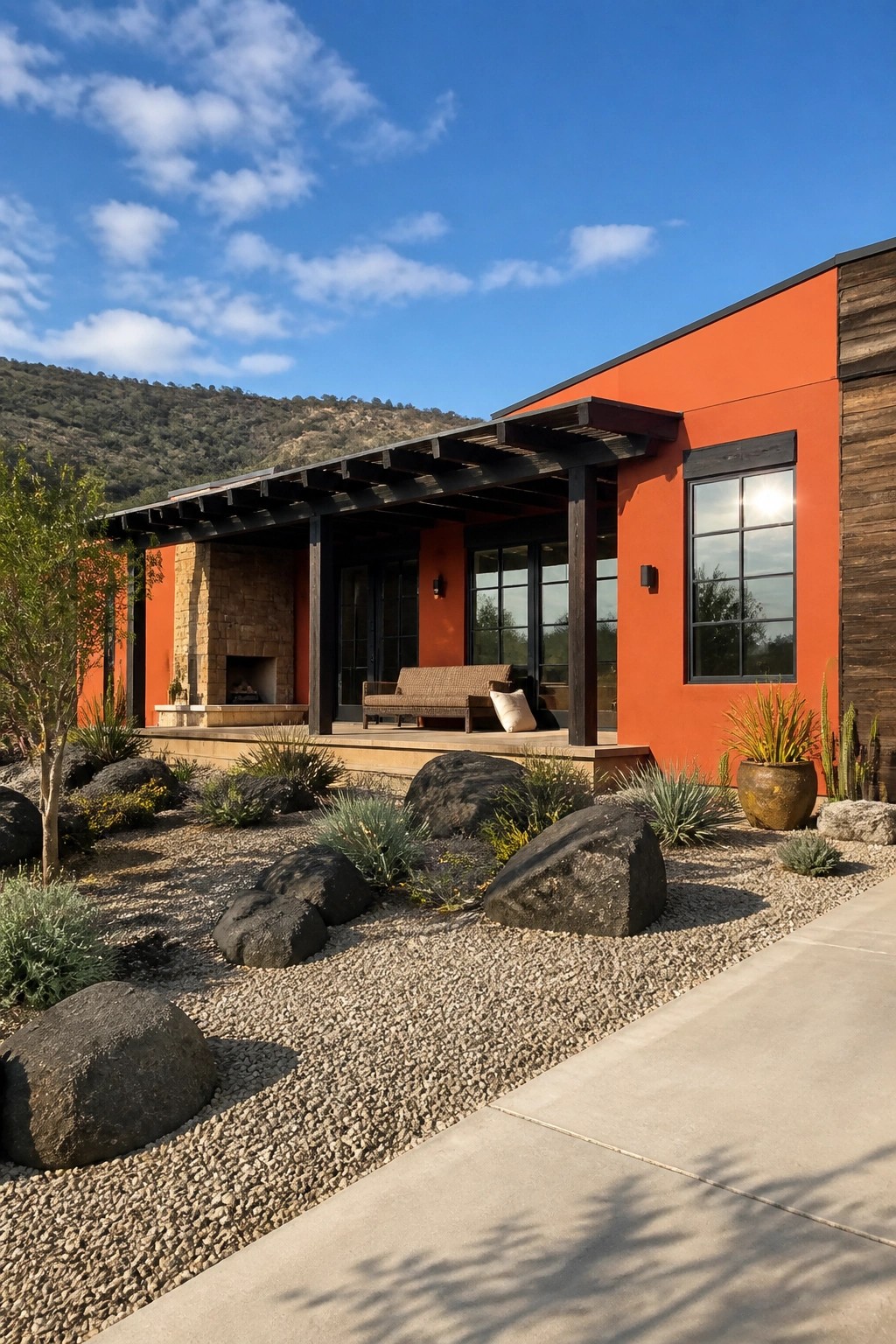 Modern orange house with covered patio, stone fireplace, and rocky desert garden.