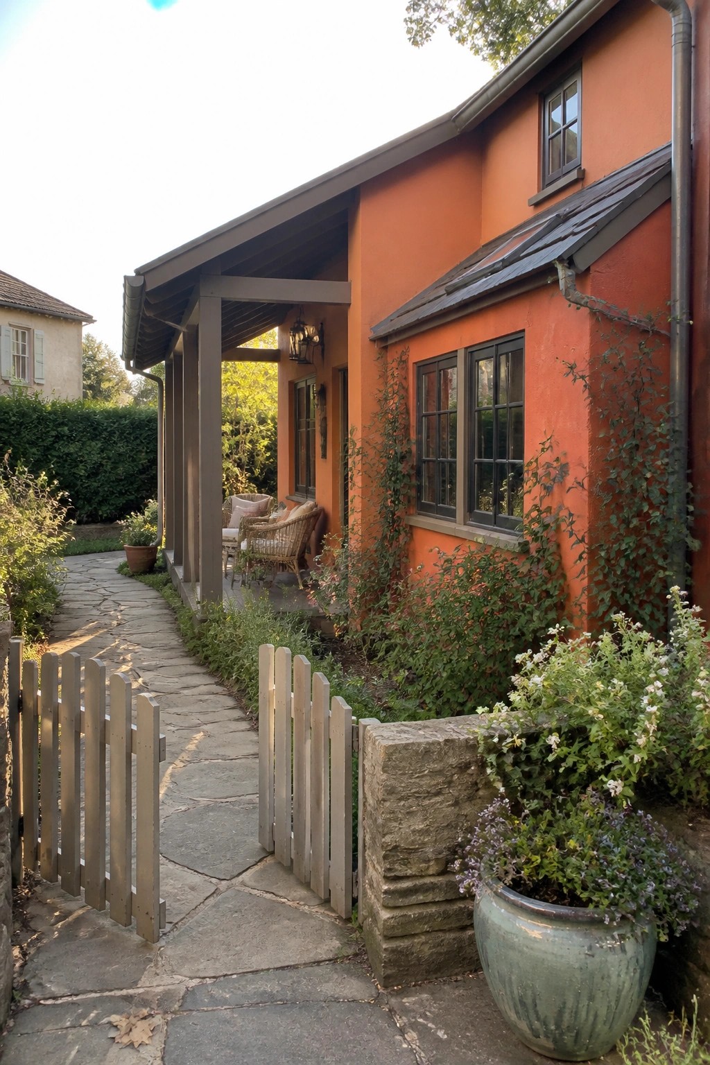 A single-story orange stucco house with matte black window frames, a covered porch, stone pathway, and potted plants along the front.