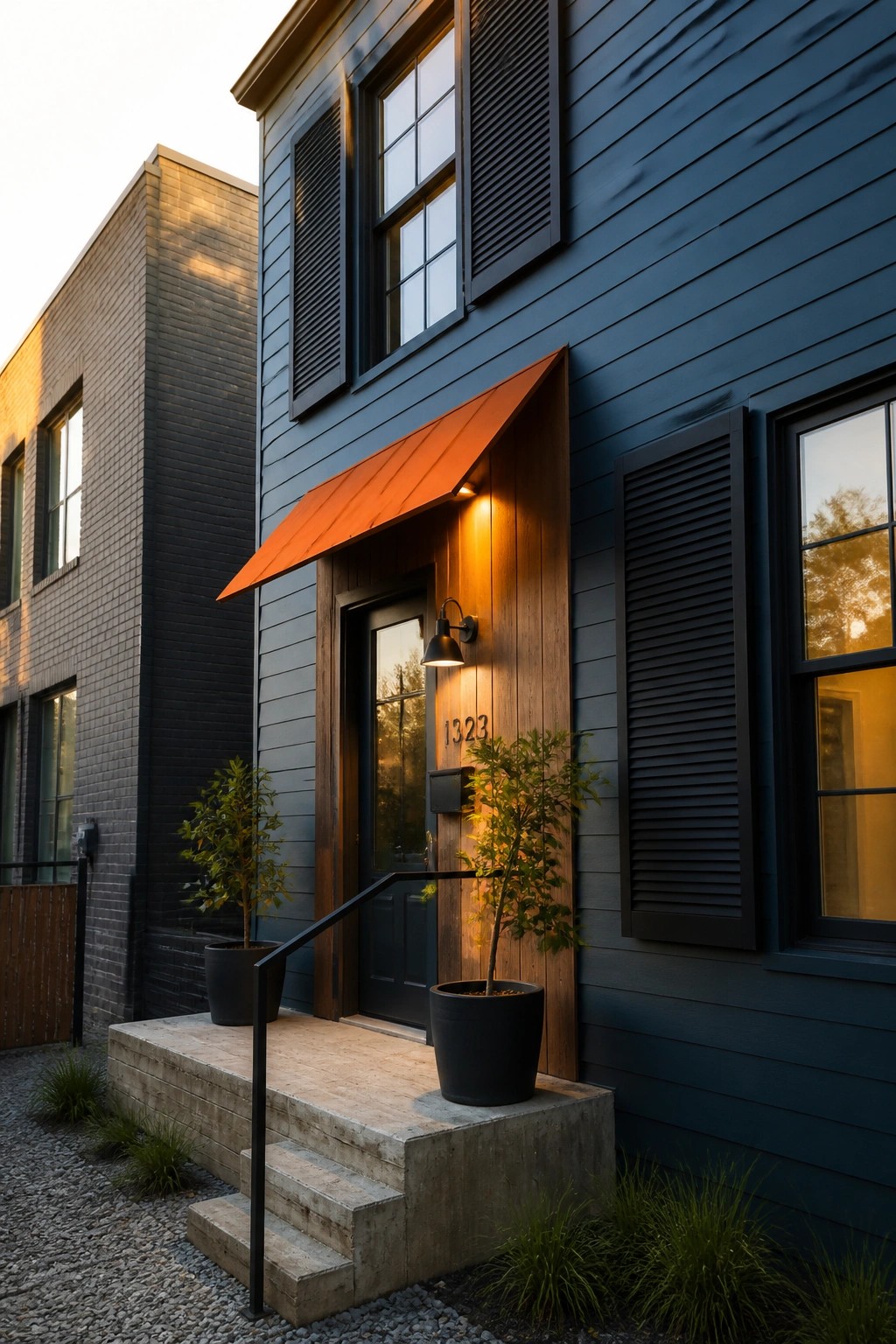 A two-story house with dark blue siding, navy shutters, and an orange metal awning over a wooden entry door with concrete steps and potted plants.