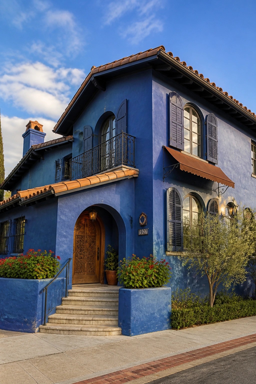 A two-story blue stucco house with navy shutters, terracotta roof, arched wooden door, and concrete entry steps.