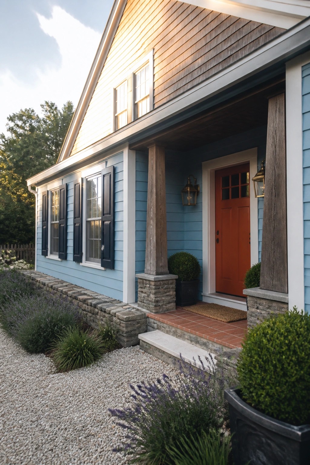 A light blue house exterior with navy shutters, an orange front door on a covered porch with stone columns, and gravel landscaping with lavender and shrubs in the foreground.