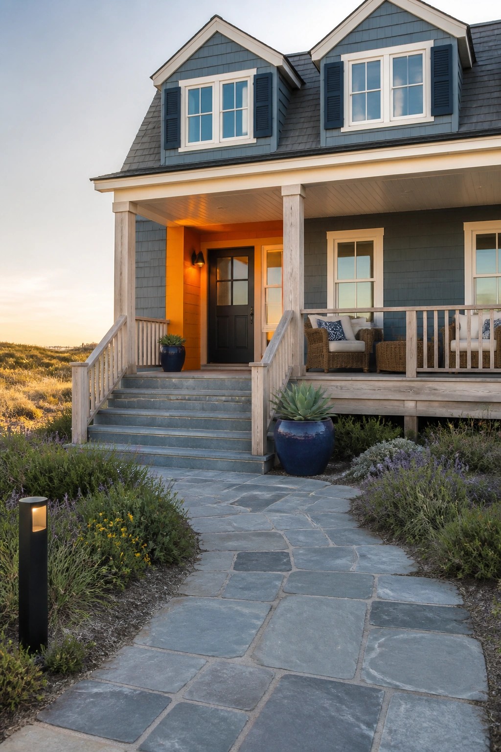 A two-story house with blue siding, navy shutters, and an orange entry surround around a black front door, shown with a stone walkway and covered porch.