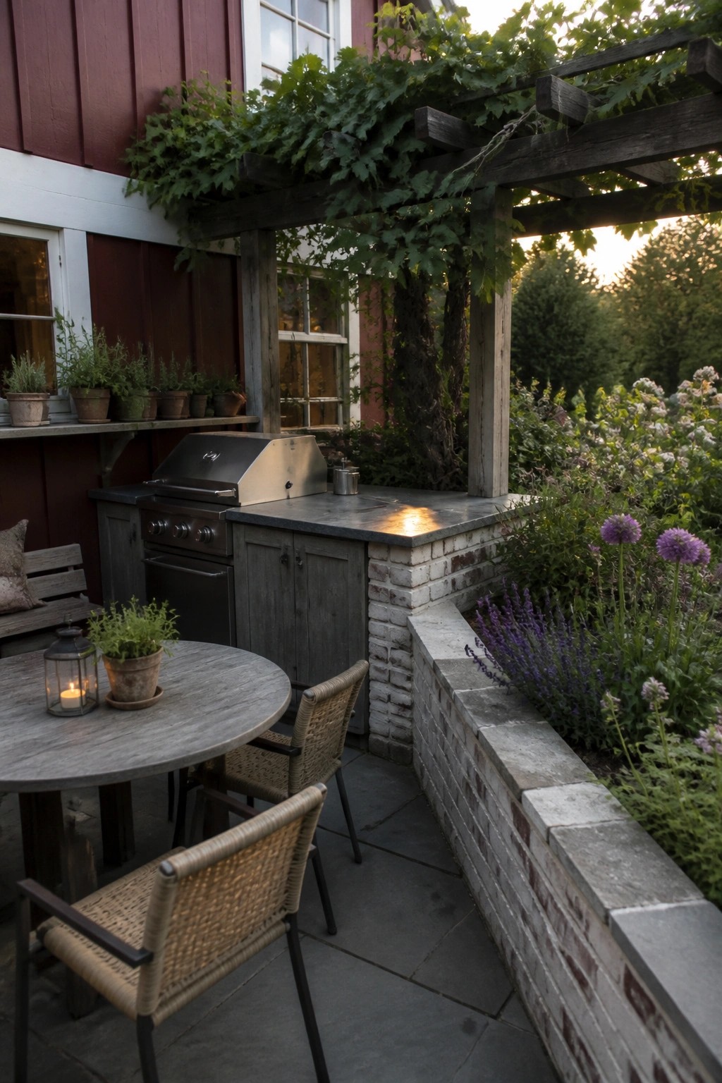 Outdoor patio with round table, wicker chairs, grill kitchen, vine-covered pergola, and garden.