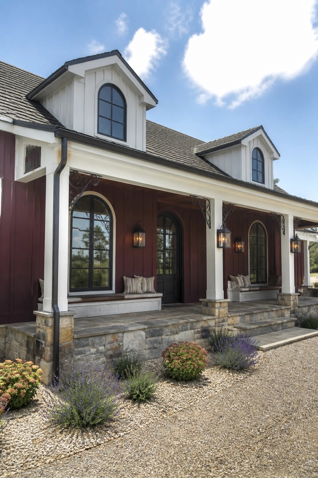 Red house with white trim, arched windows, stone porch, and landscaped gravel garden.
