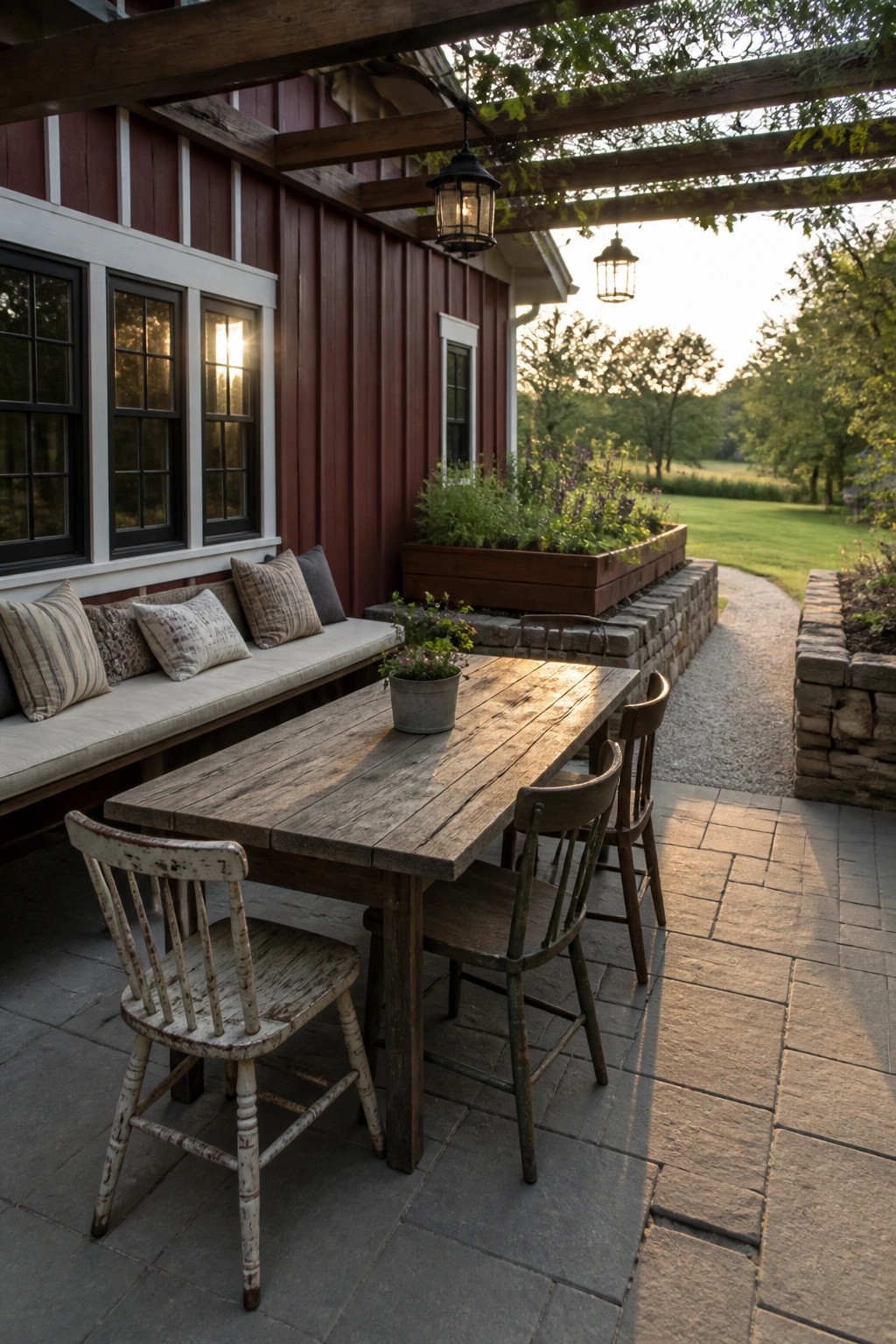 A long wooden table with mismatched chairs sits on a stone patio next to a red house with white trim, under a wooden pergola with hanging lanterns.