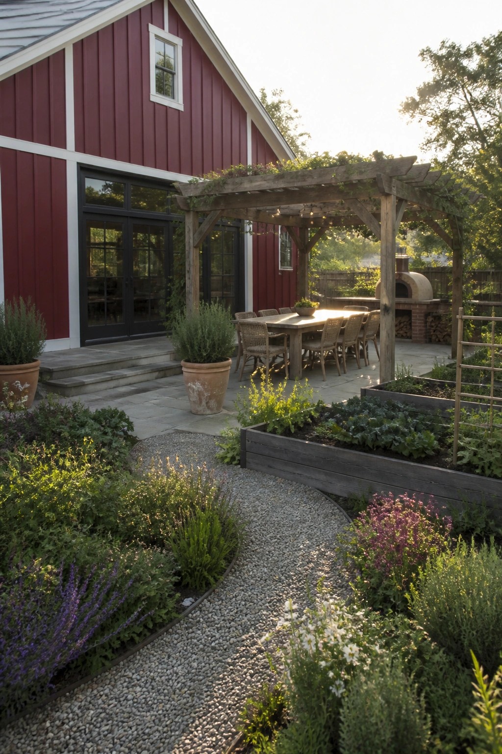 A red barn-style house with white trim has a wooden pergola over a long dining table on a stone patio, with raised garden beds and gravel paths nearby.